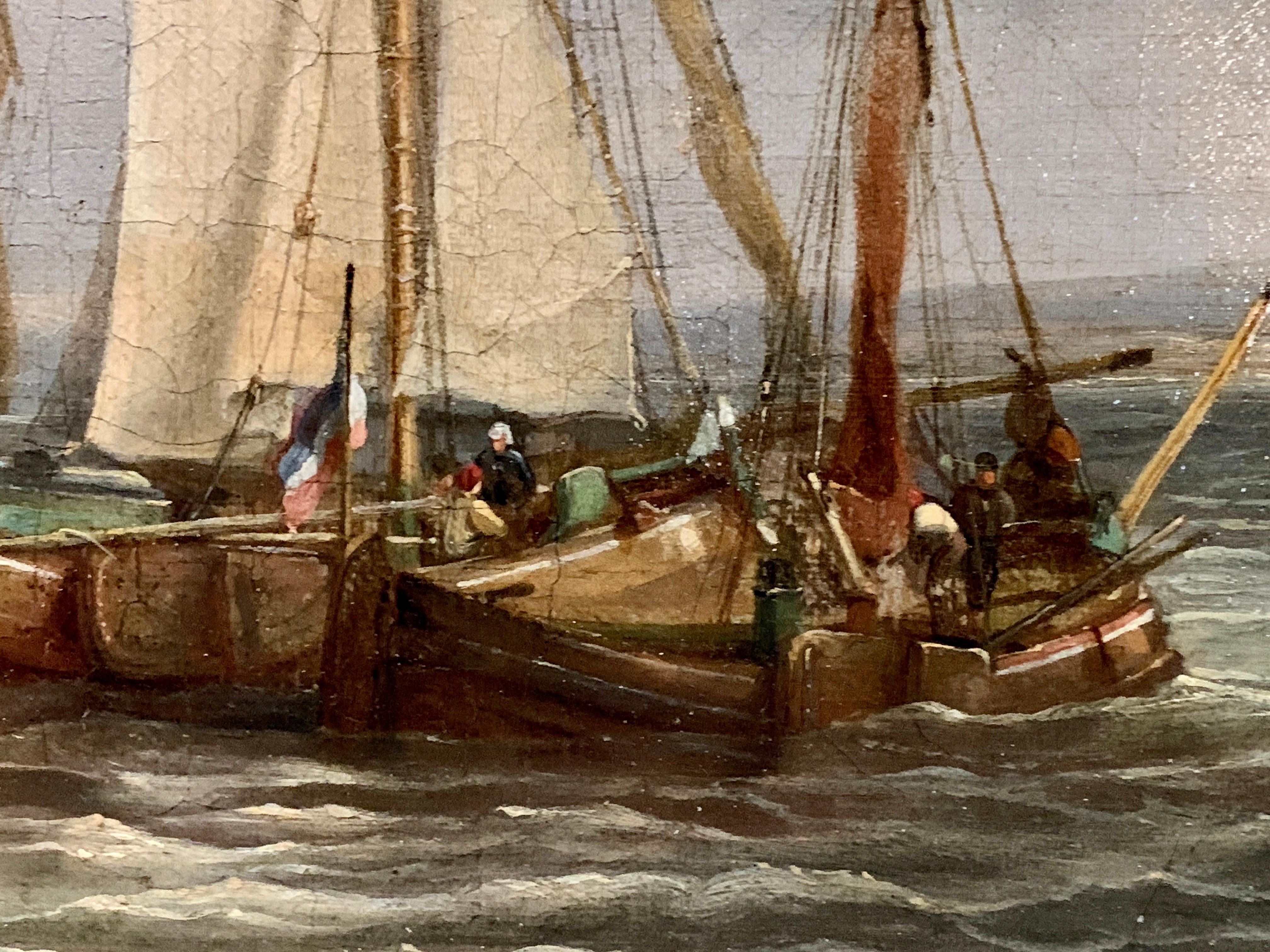 Eine sehr gut gemalte niederländische Marineszene aus dem 19. Das kleine Boot ist voll von Männern, die hart rudern, um zu den größeren Schiffen zu gelangen, möglicherweise um Waren auf die größeren Boote zu bringen oder von ihnen abzuladen. 

Der