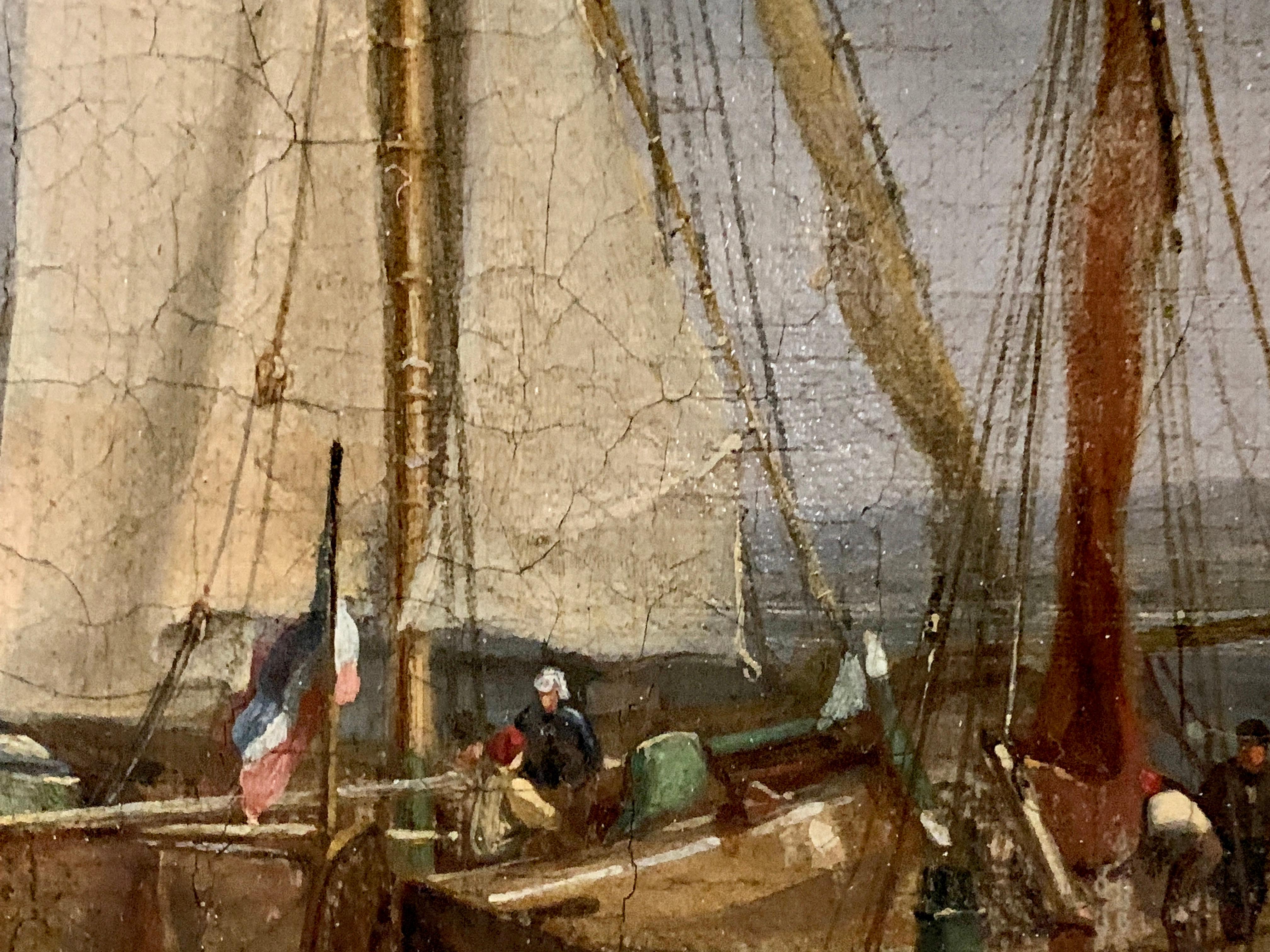 Antike niederländische Schiffe des 19. Jahrhunderts auf See, Fischerboote, Männer beim Schleifen. im Angebot 1