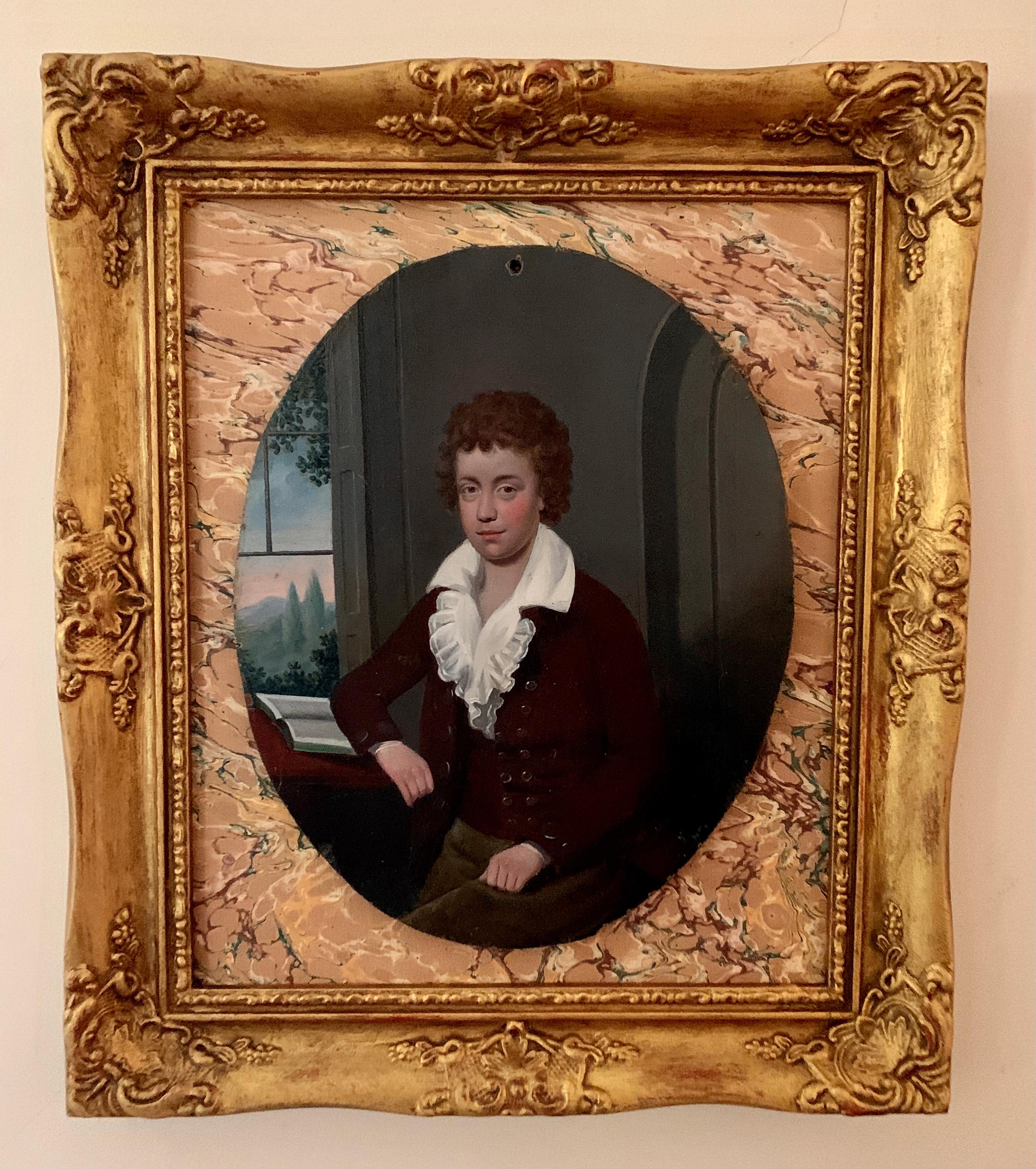 19th century Antique European portrait, young boy seated with book by landscape - Painting by Unknown