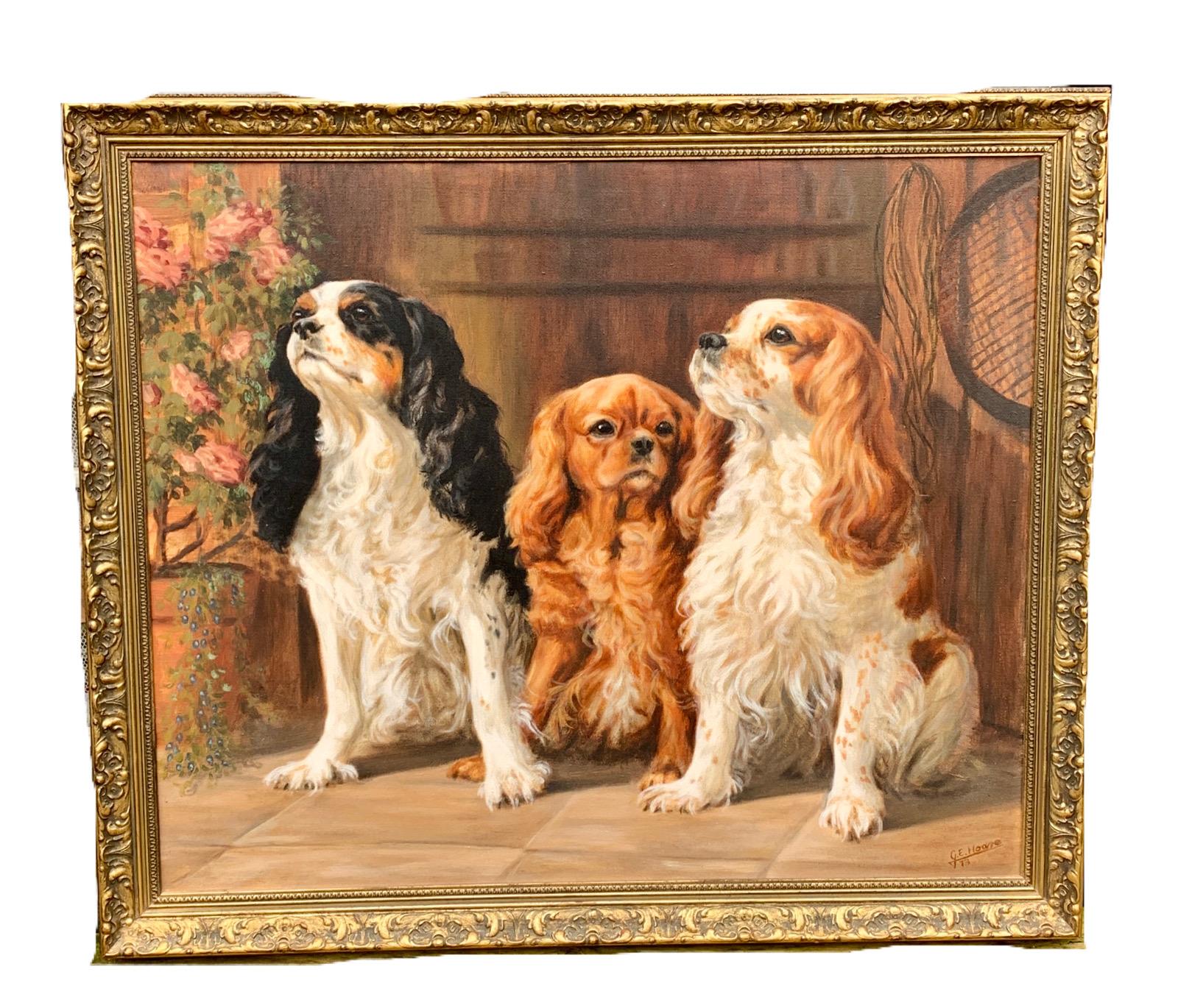 20th century English oil Portrait of three King Charles Cavalier Spaniels. - Painting by Gillian E Hoare