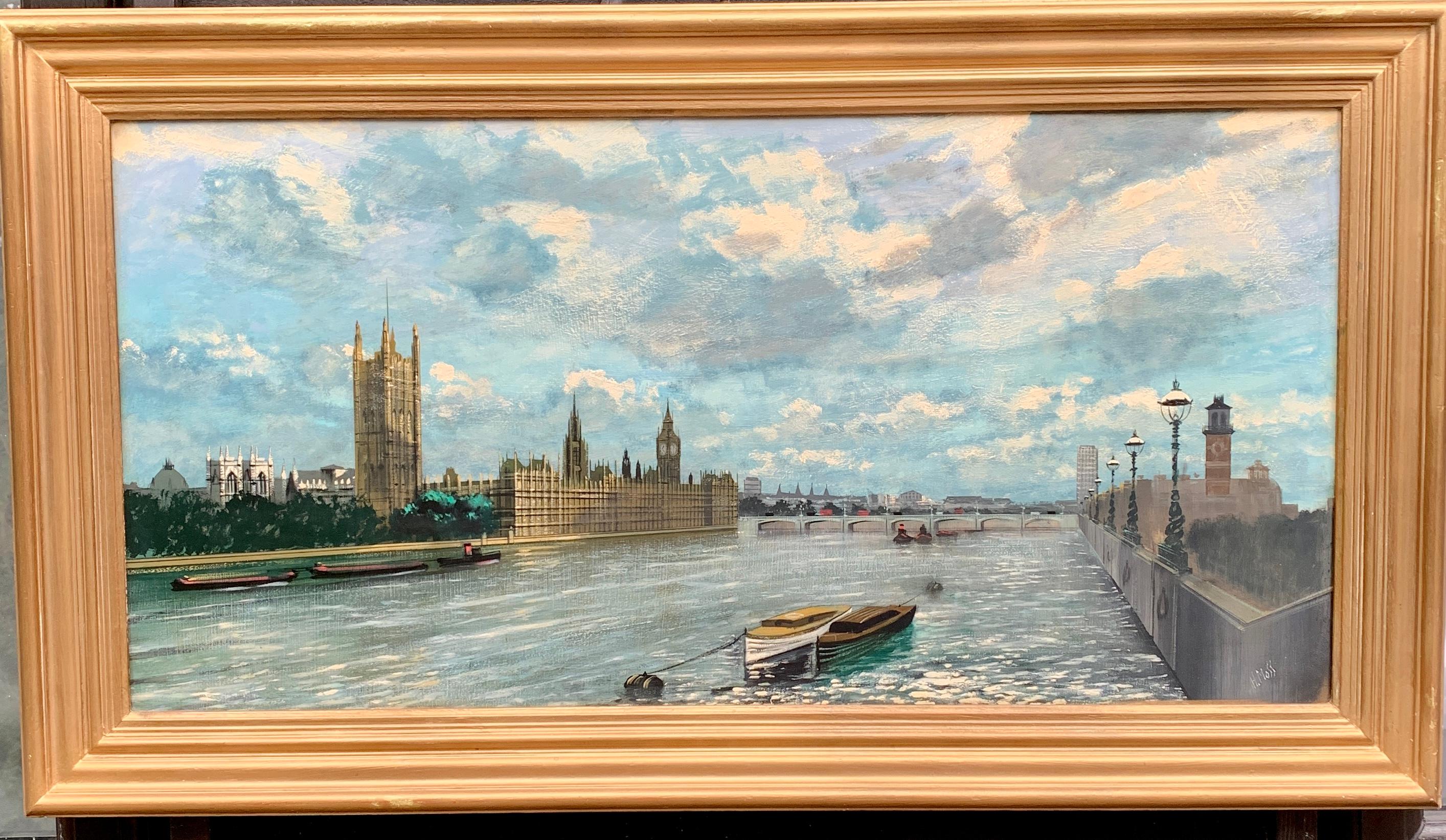 Late 20th century view of the the River Thames, at Westminster, with Big Ben - Painting by Unknown