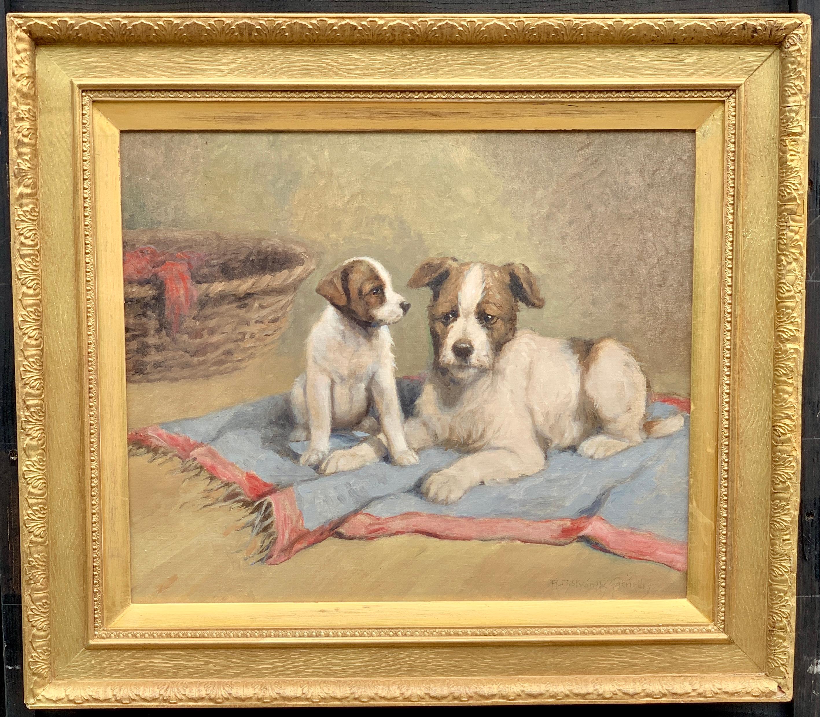 Early 20th century Hungarian portrait of a terrier dog and her puppy in oils