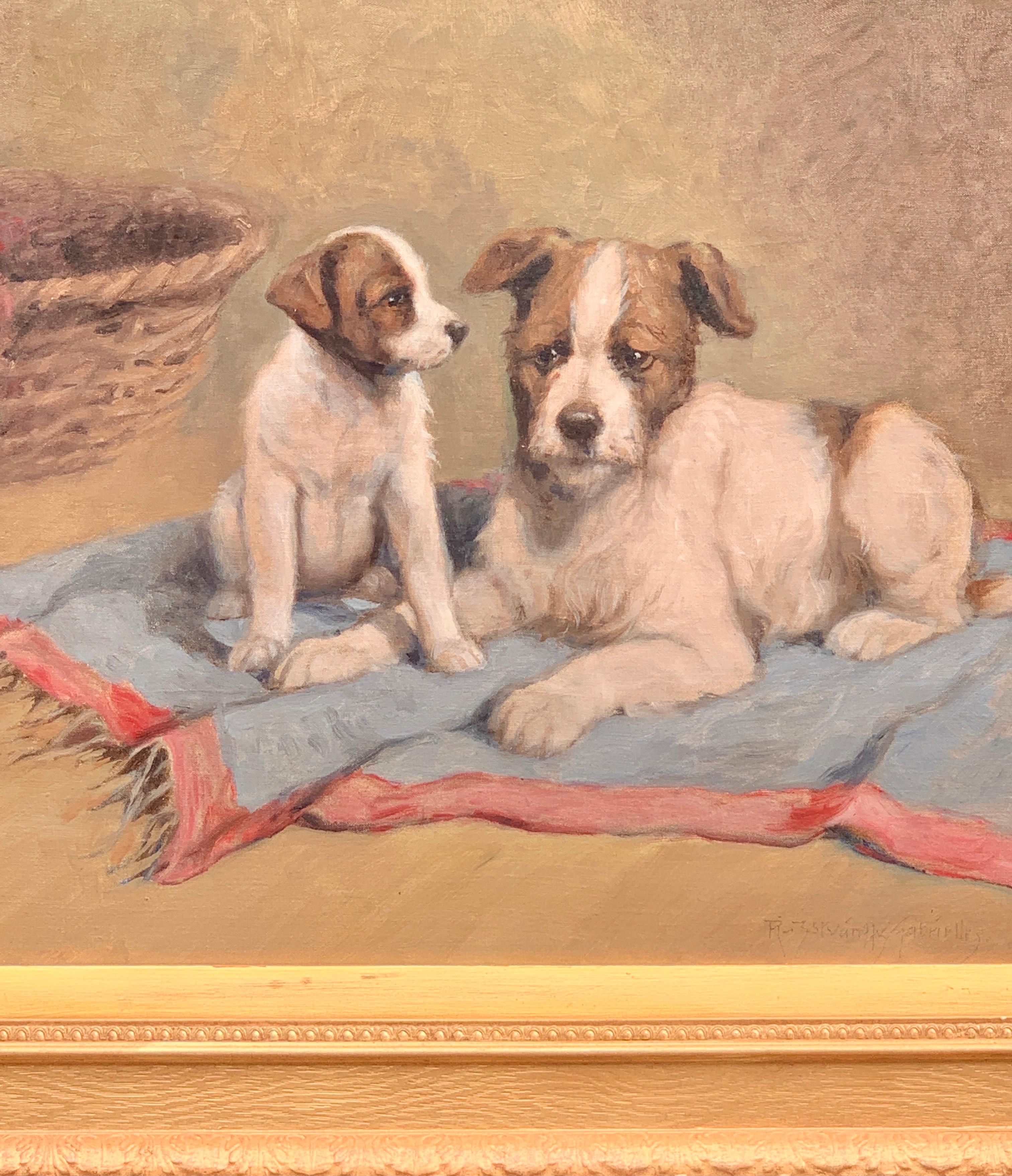 Early 20th century Hungarian portrait of a terrier dog and her puppy in oils - Painting by Gabrielle Rainer Istvanffy