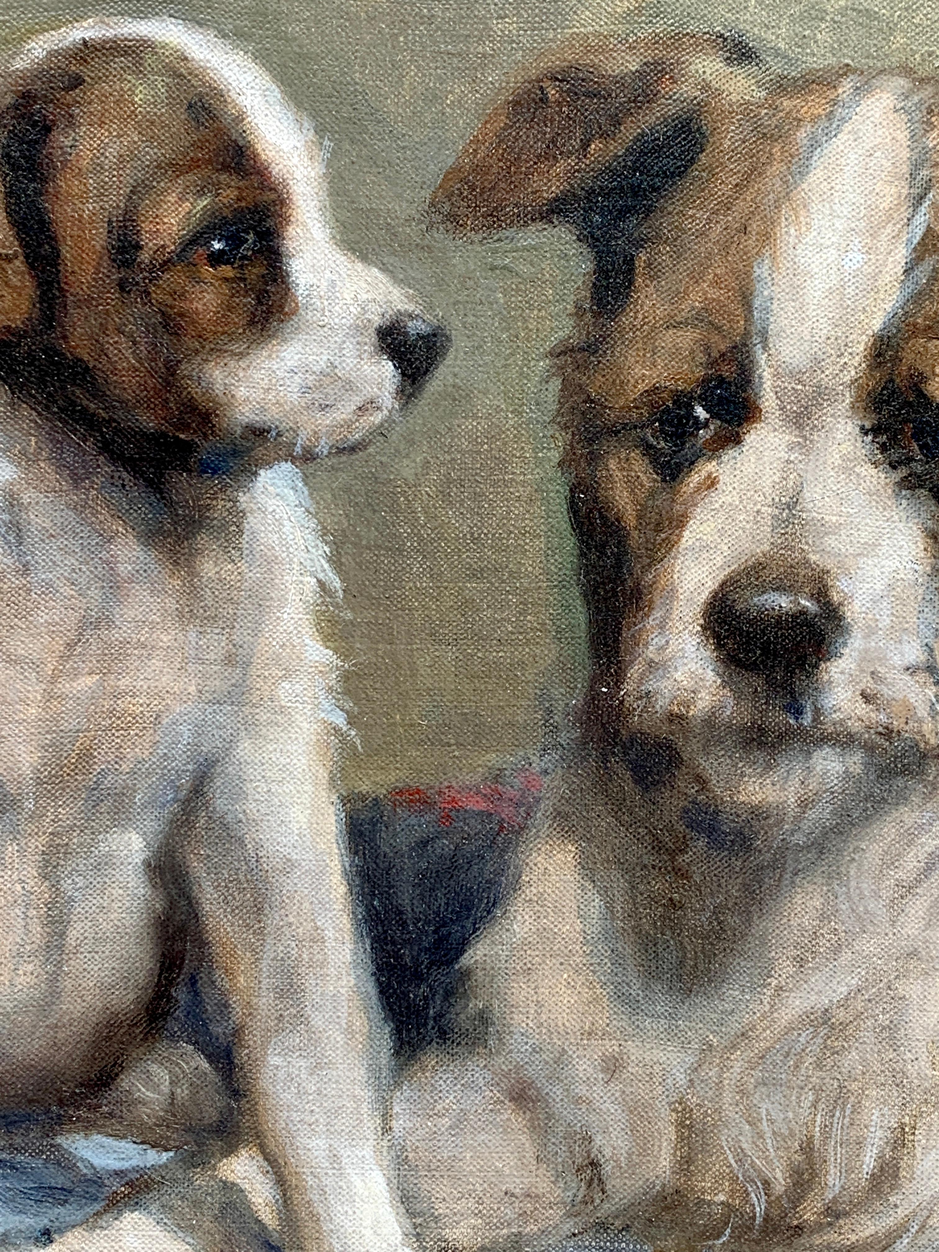 Early 20th century Hungarian portrait of a terrier dog and her puppy in oils - Brown Animal Painting by Gabrielle Rainer Istvanffy