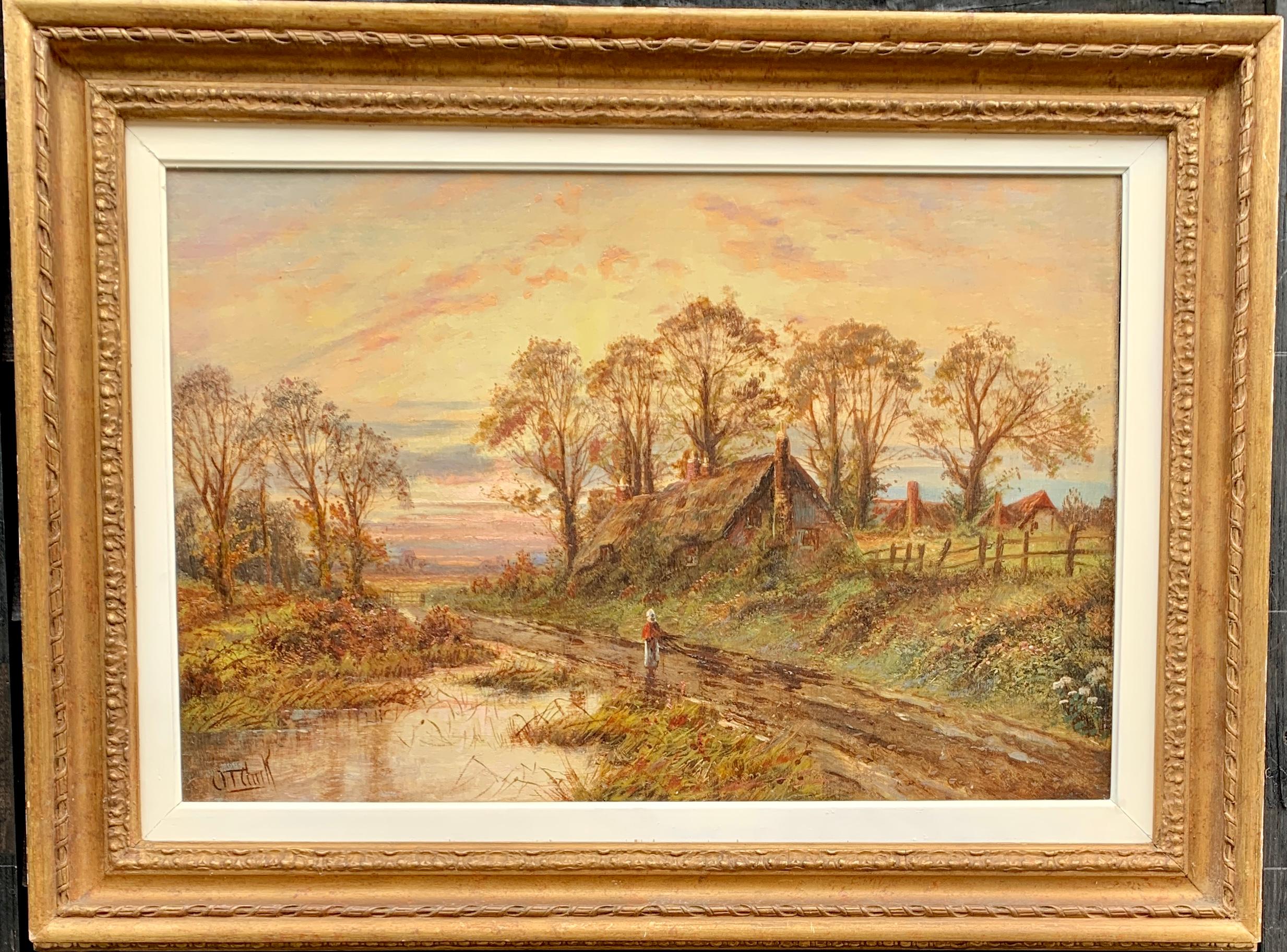 Octavius T. Clark Landscape Painting - 19th century Victorian English landscape with thatched cottage, figure at sunset