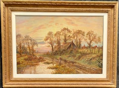 19th century Victorian English landscape with thatched cottage, figure at sunset