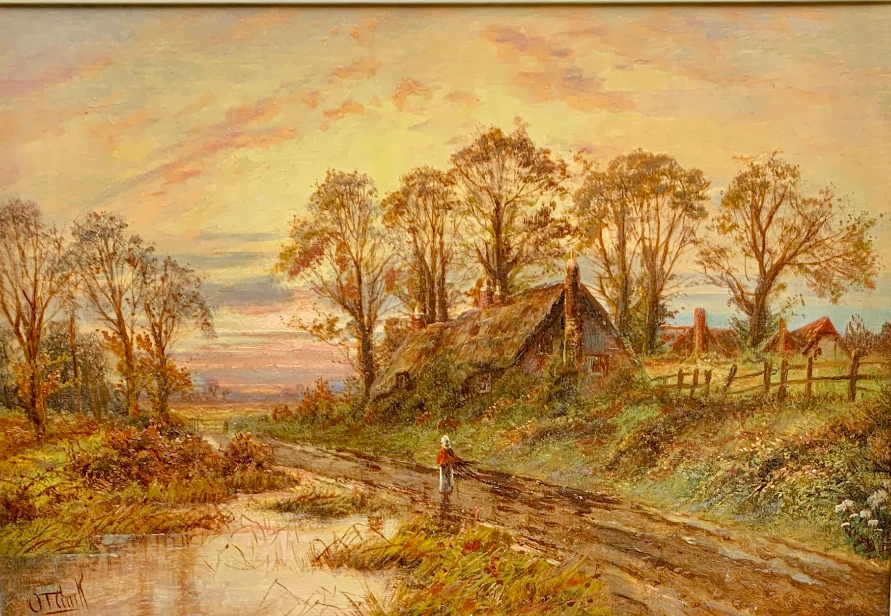 19th century Victorian English landscape with thatched cottage, figure at sunset - Painting by Octavius T. Clark