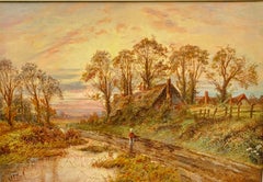19th century Victorian English landscape with thatched cottage, figure at sunset