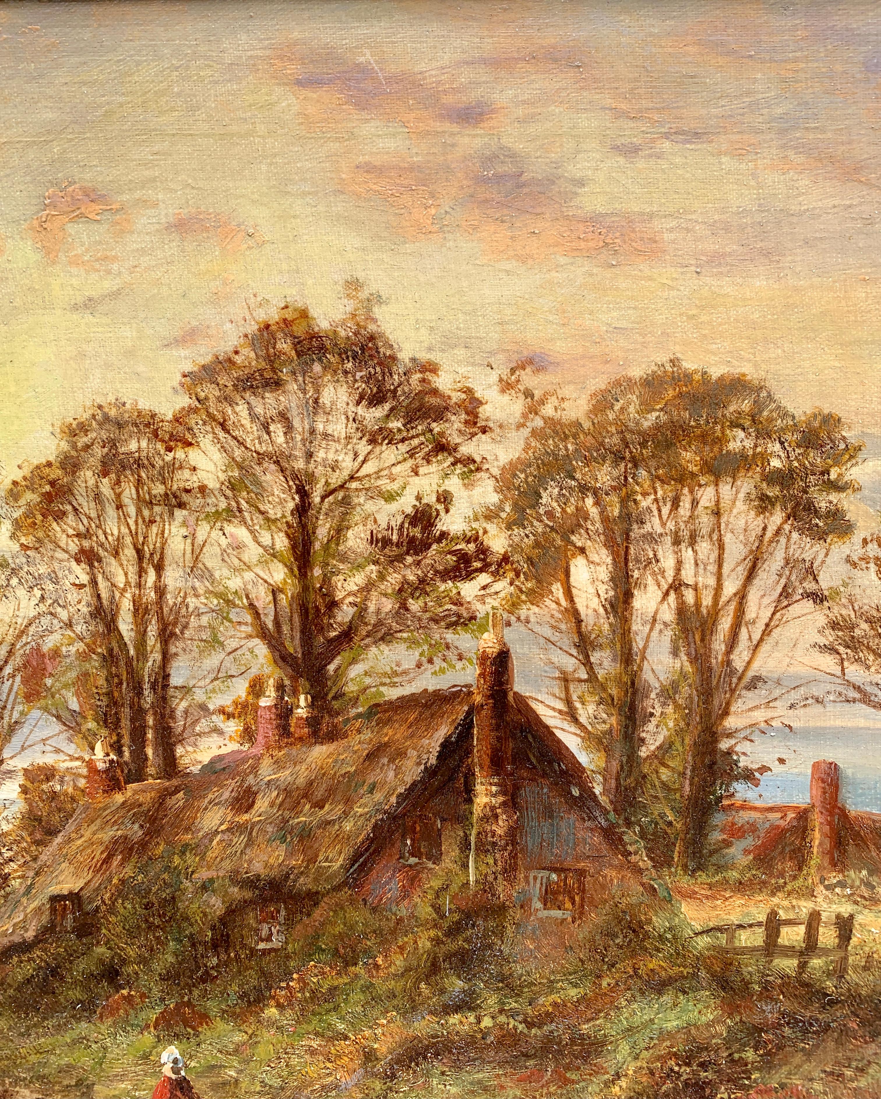19th-century Victorian English landscape with a thatched cottage, and a figure at sunset

 A very fine and large example of O.T. Clark's work. Born in Hoxton, New Town (just north of London, England) December 21, 1850. His father was a painter as