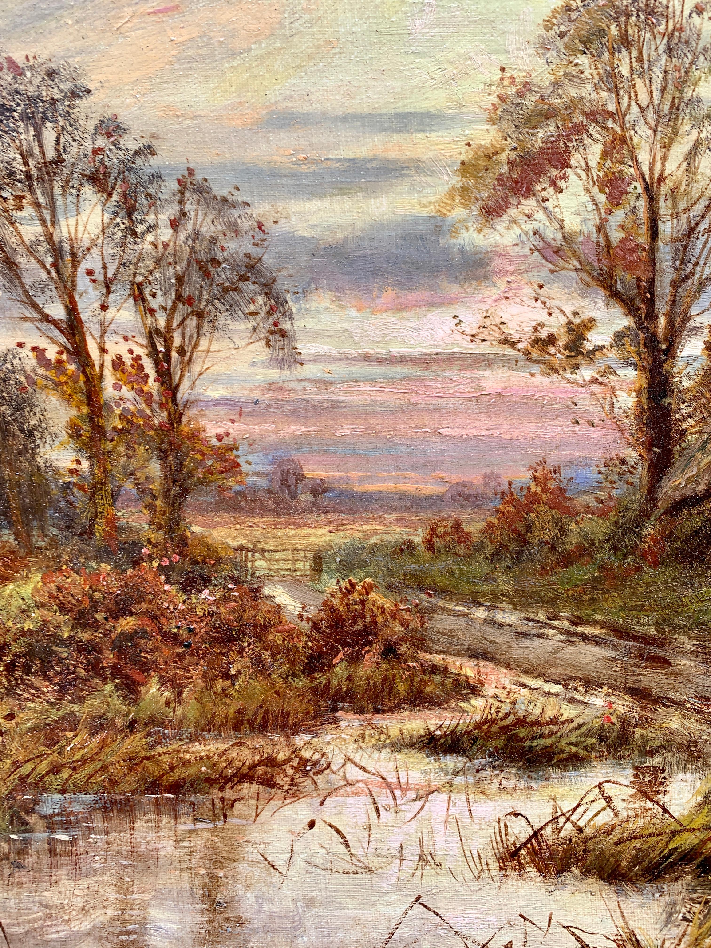 19th century Victorian English landscape with thatched cottage, figure at sunset 1