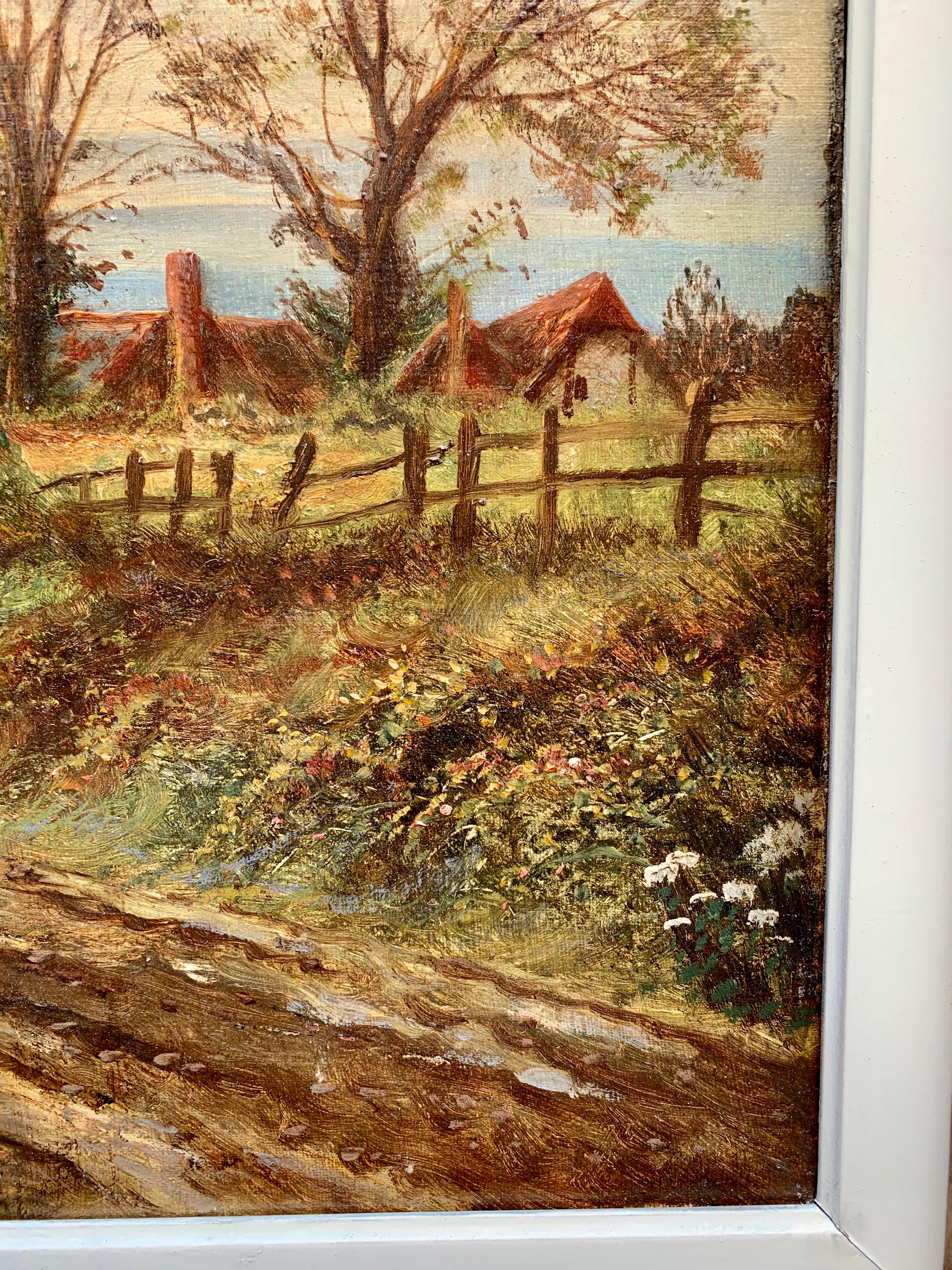 19th century Victorian English landscape with thatched cottage, figure at sunset 2