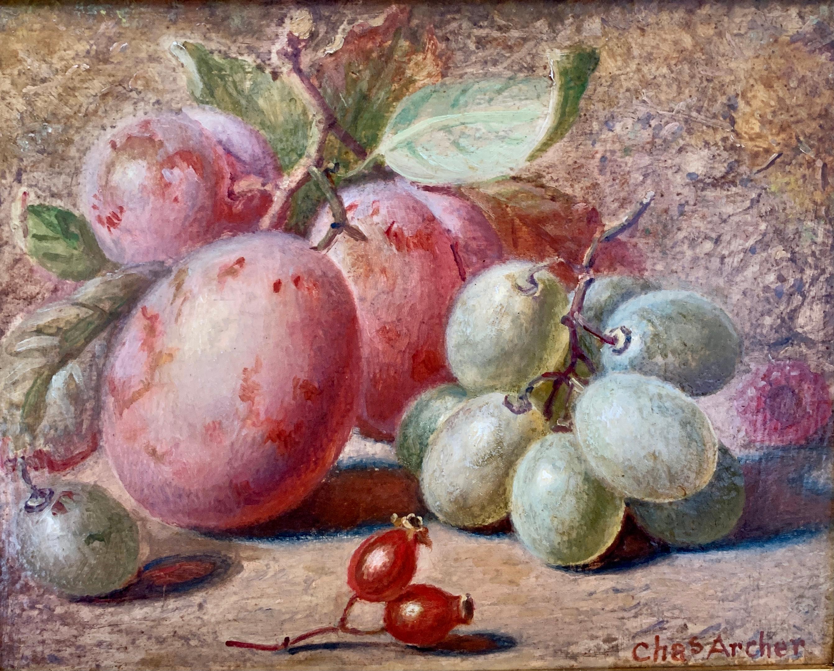 Victorian late 19th century English still life of Plums, grapes and berries - Painting by Charles Archer