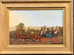 Fin du 19e siècle Anglais Cocher et chevaux dans un paysage. Autocar de Cambridge à Londres