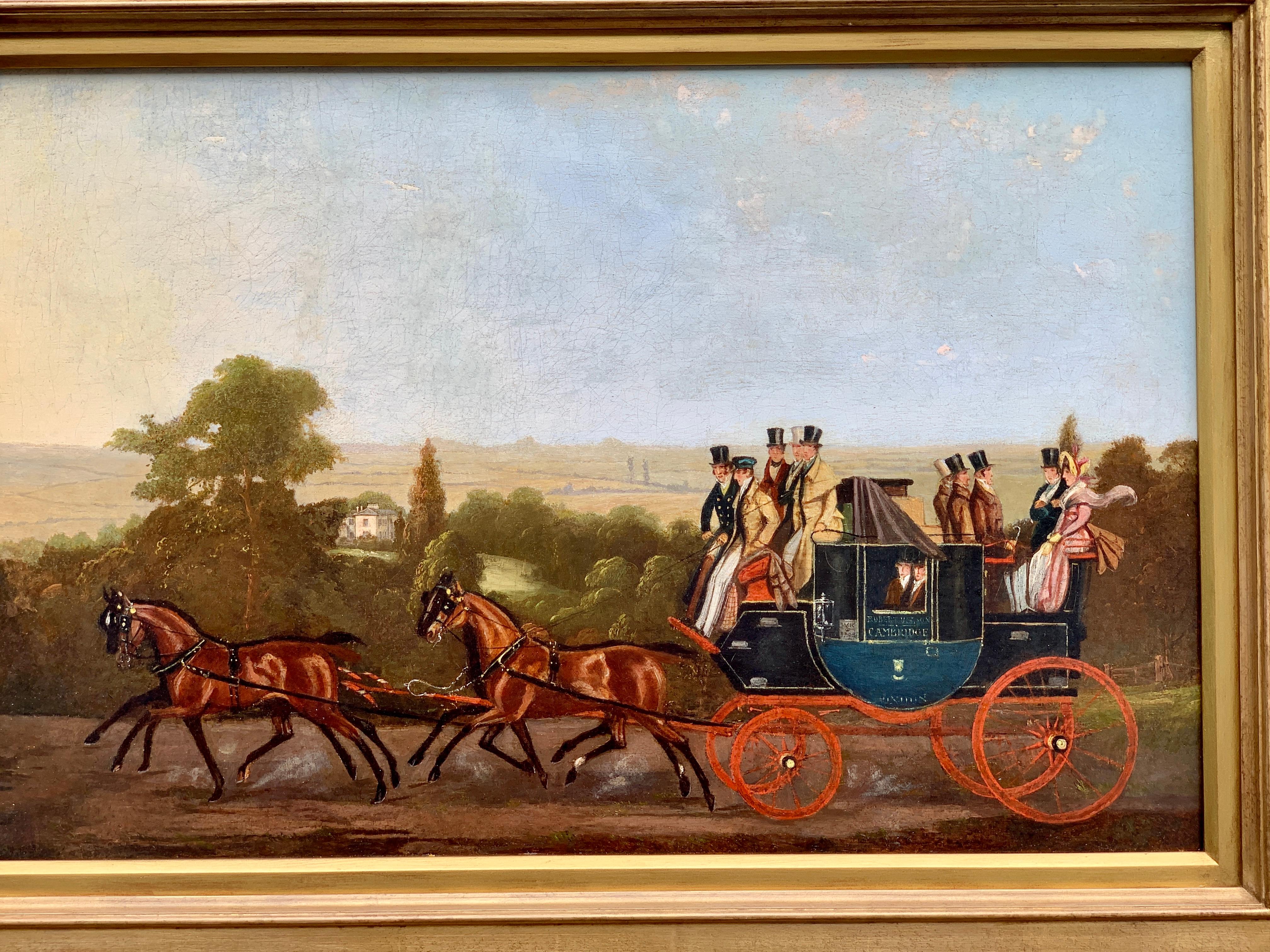 Late 19thC English Coach and horses in a landscape. Cambridge to London Coach - Painting by Unknown