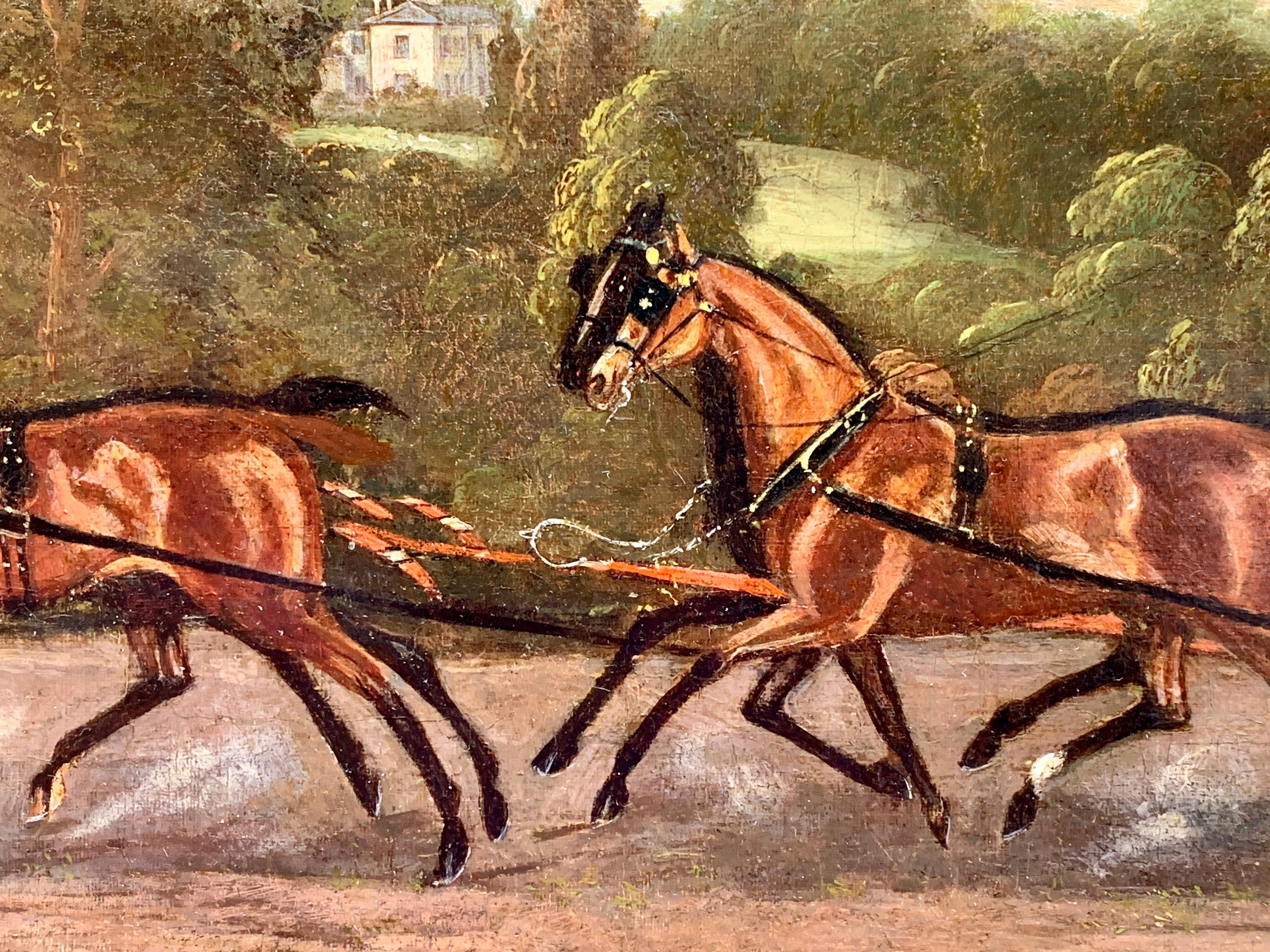 Well-painted English late 19th century coaching scene in an extensive landscape.

Typical English coaching scene with a little folk art look about it. The style of painting has a lot of the 18th-century sporting style about it, almost stiff and