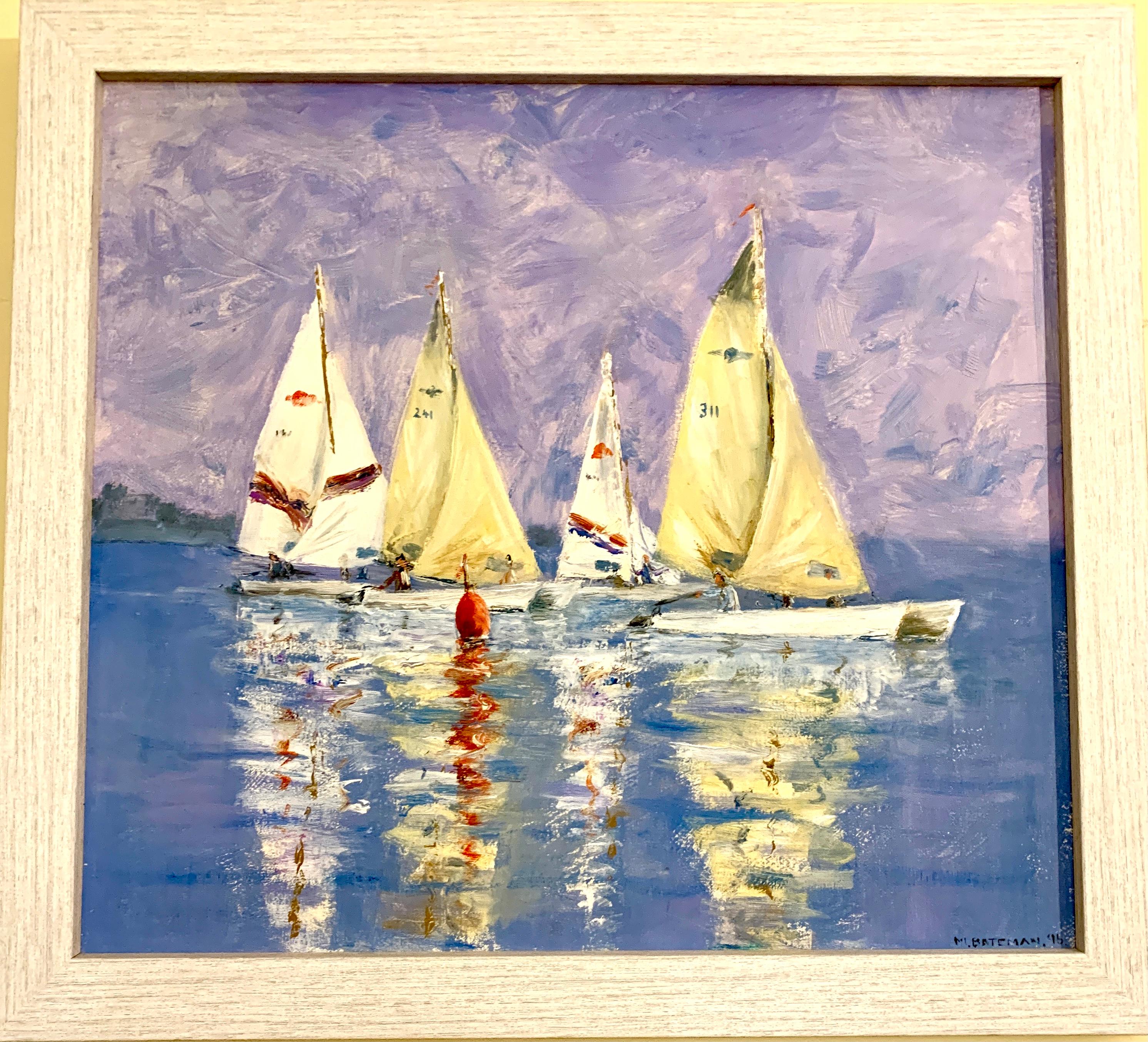 M.Bateman Landscape Painting - English 20th century oil of sailing yachts racing, titled 'Rounding the Marker'