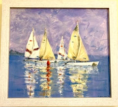 Vintage English 20th century oil of sailing yachts racing, titled 'Rounding the Marker'