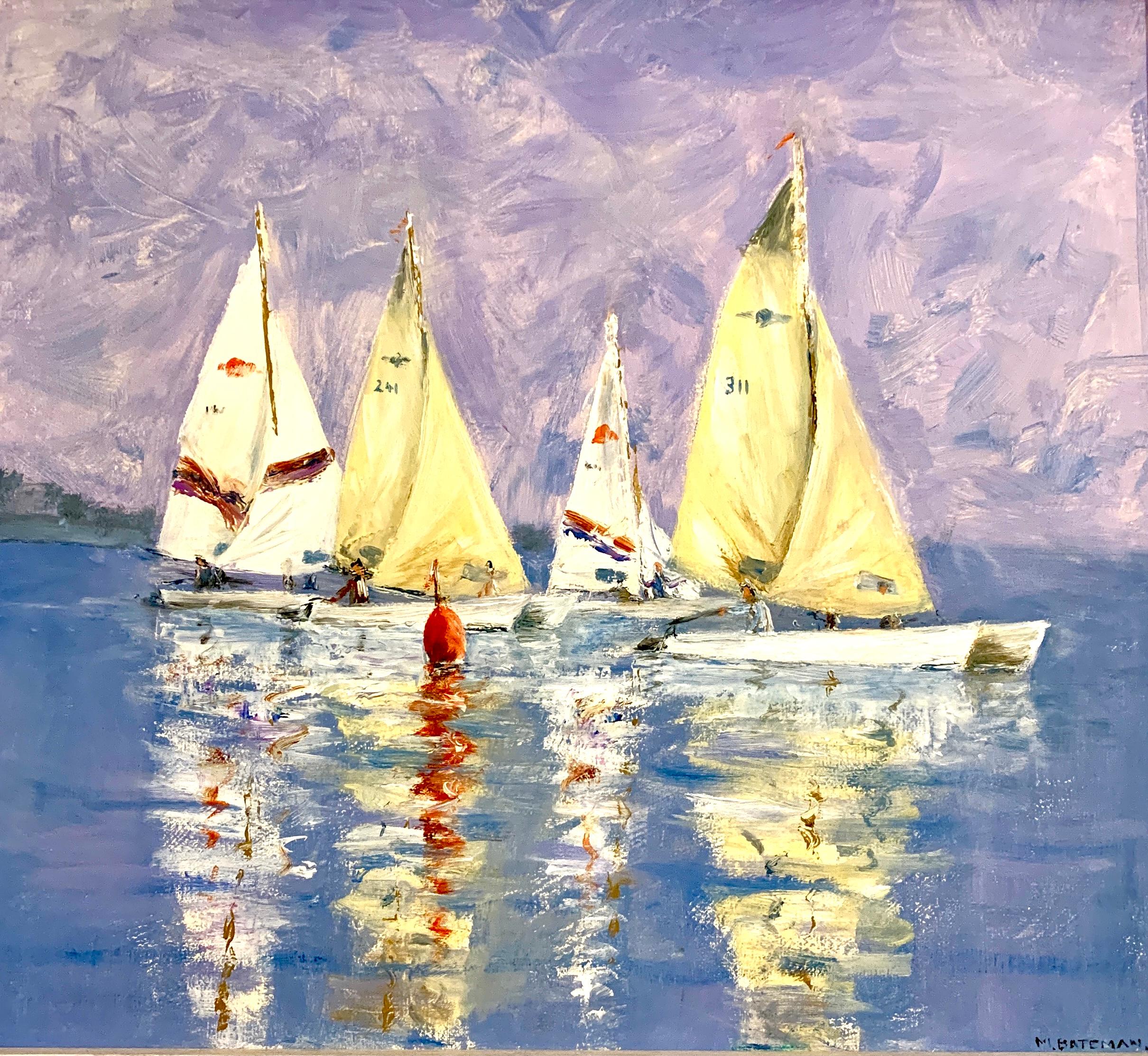 English 20th century oil of sailing yachts racing, titled 'Rounding the Marker' - Painting by M.Bateman