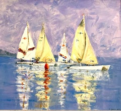 English 20th century oil of sailing yachts racing, titled 'Rounding the Marker'