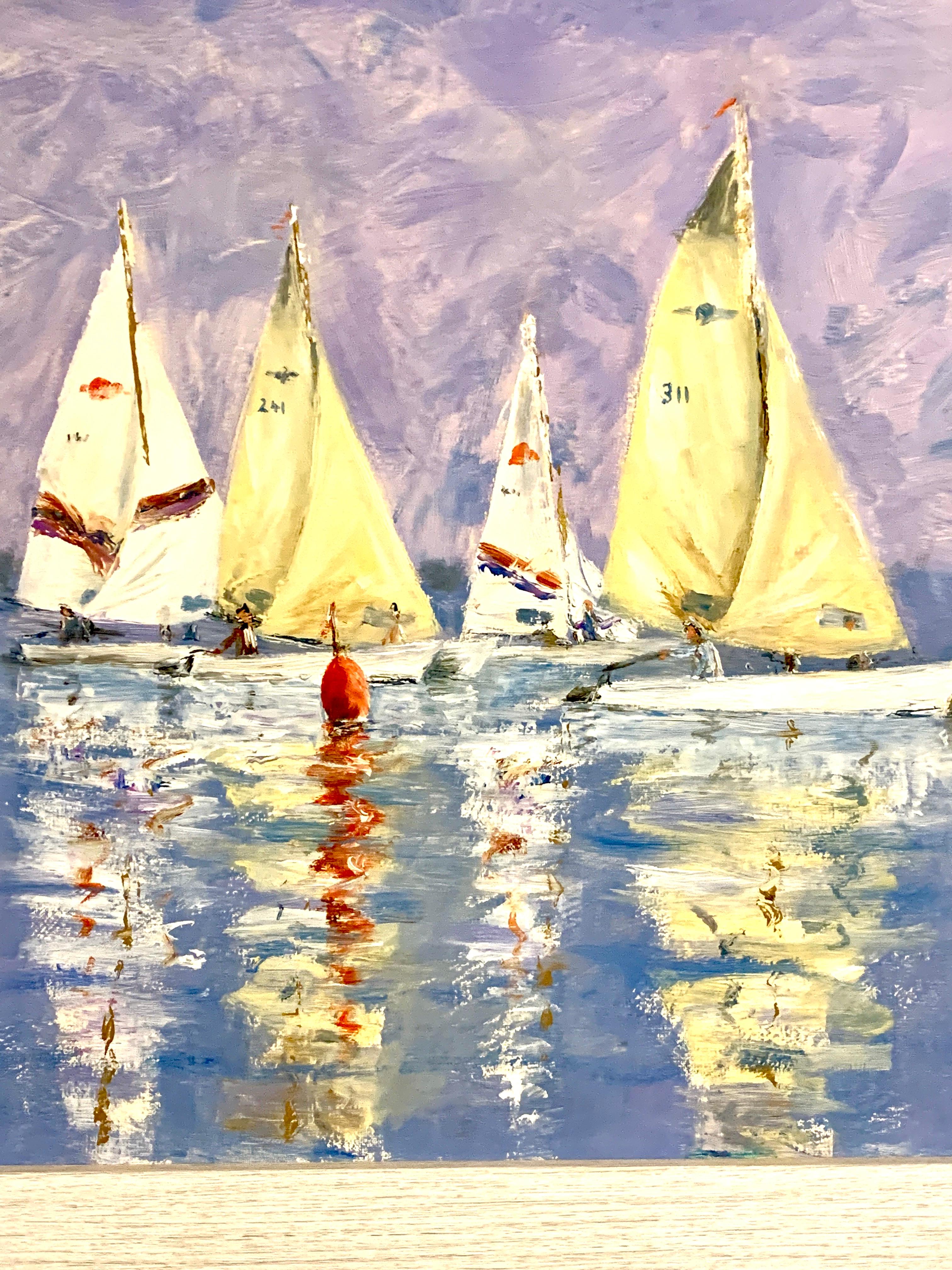 Huile anglaise du 20e siècle représentant des courses de yachts à voile, intitulée « Roading the Marker » (Rounding the Marker) - Impressionnisme Painting par M.Bateman
