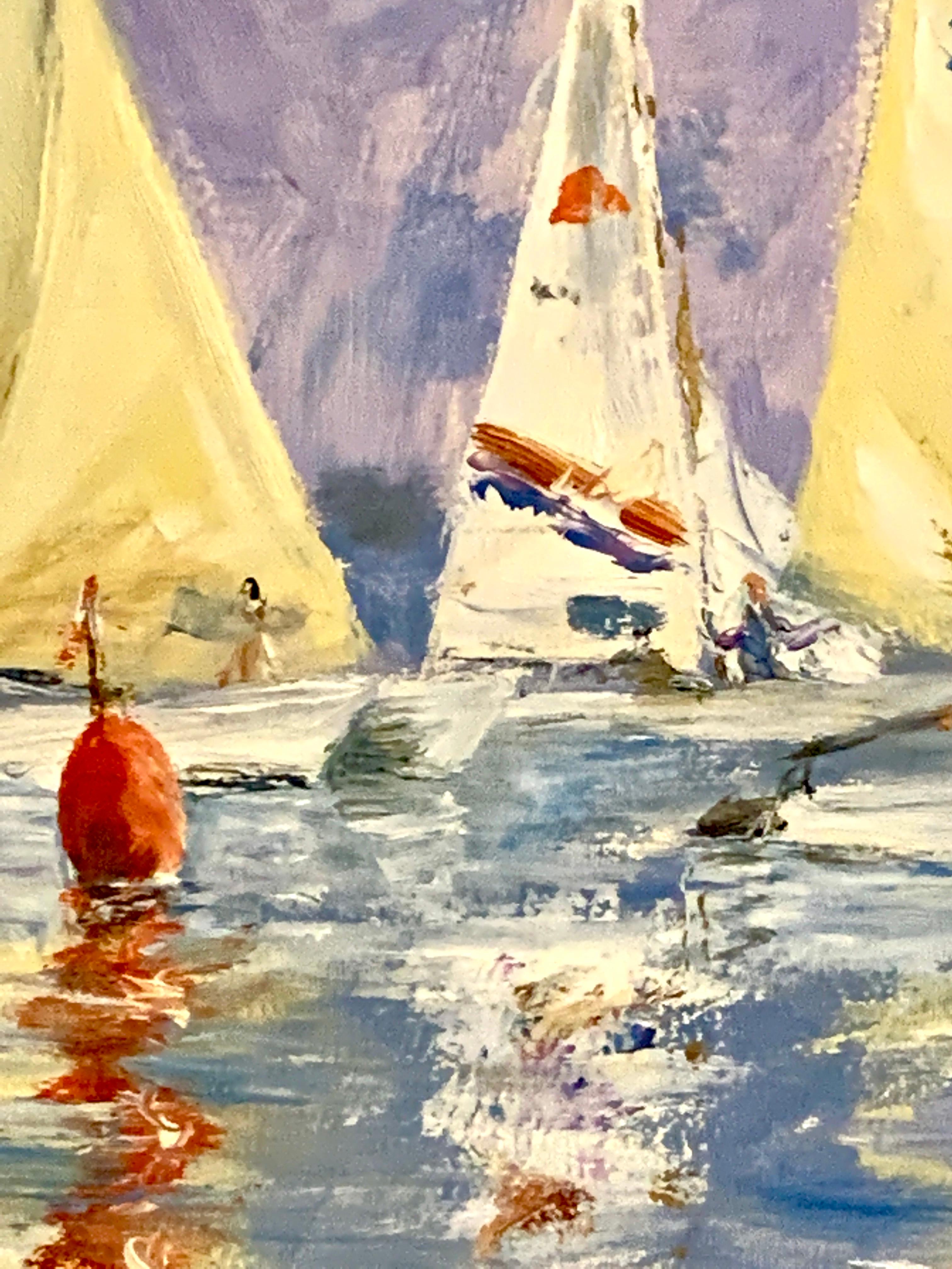 Huile anglaise du 20e siècle représentant des courses de yachts à voile, intitulée « Roading the Marker » (Rounding the Marker) - Beige Landscape Painting par M.Bateman