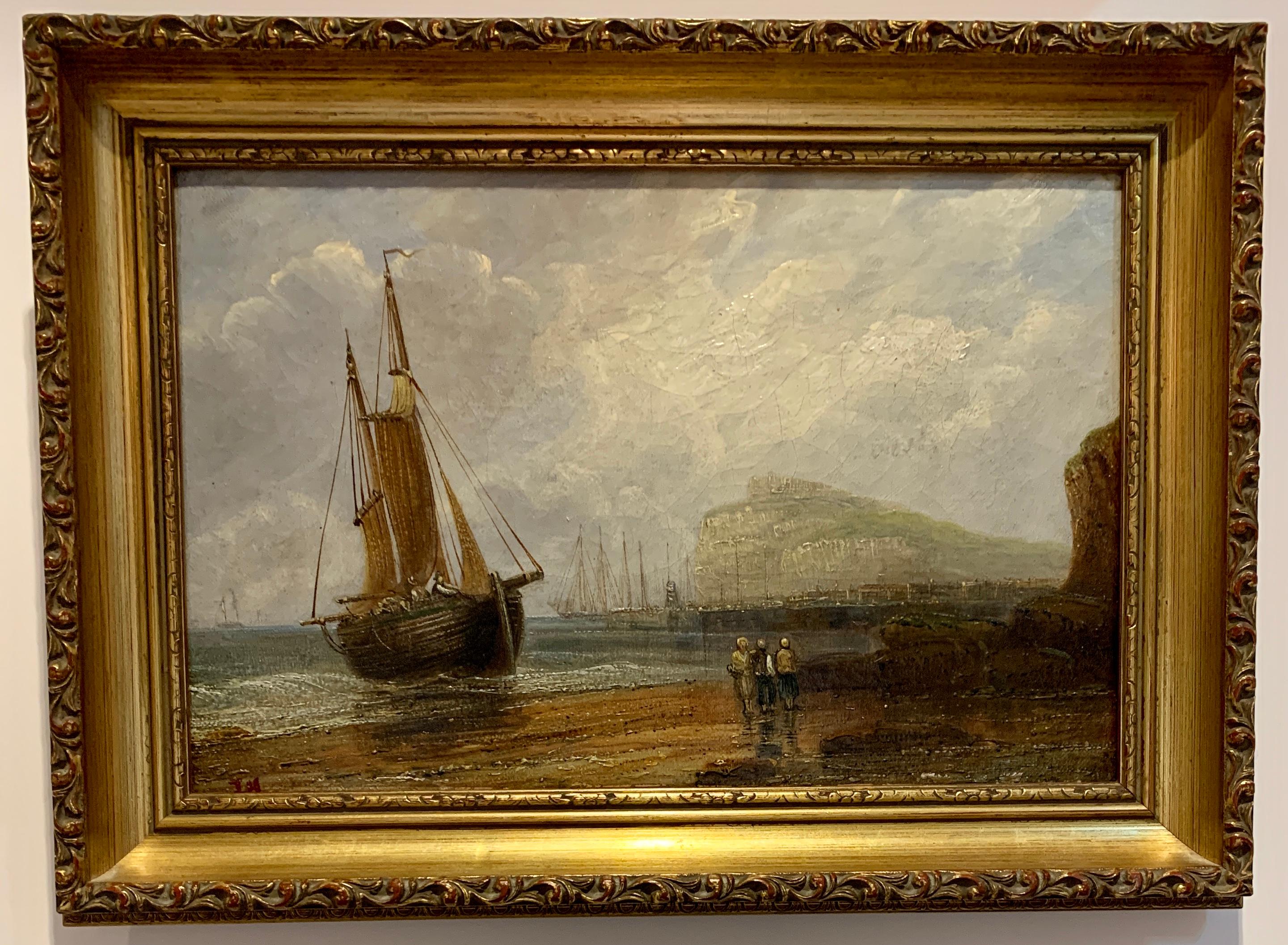 Unknown Landscape Painting - English 19th century Antique beach landscape with fishing boat on the shore