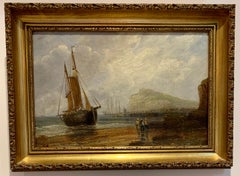 English 19th century Antique beach landscape with fishing boat on the shore