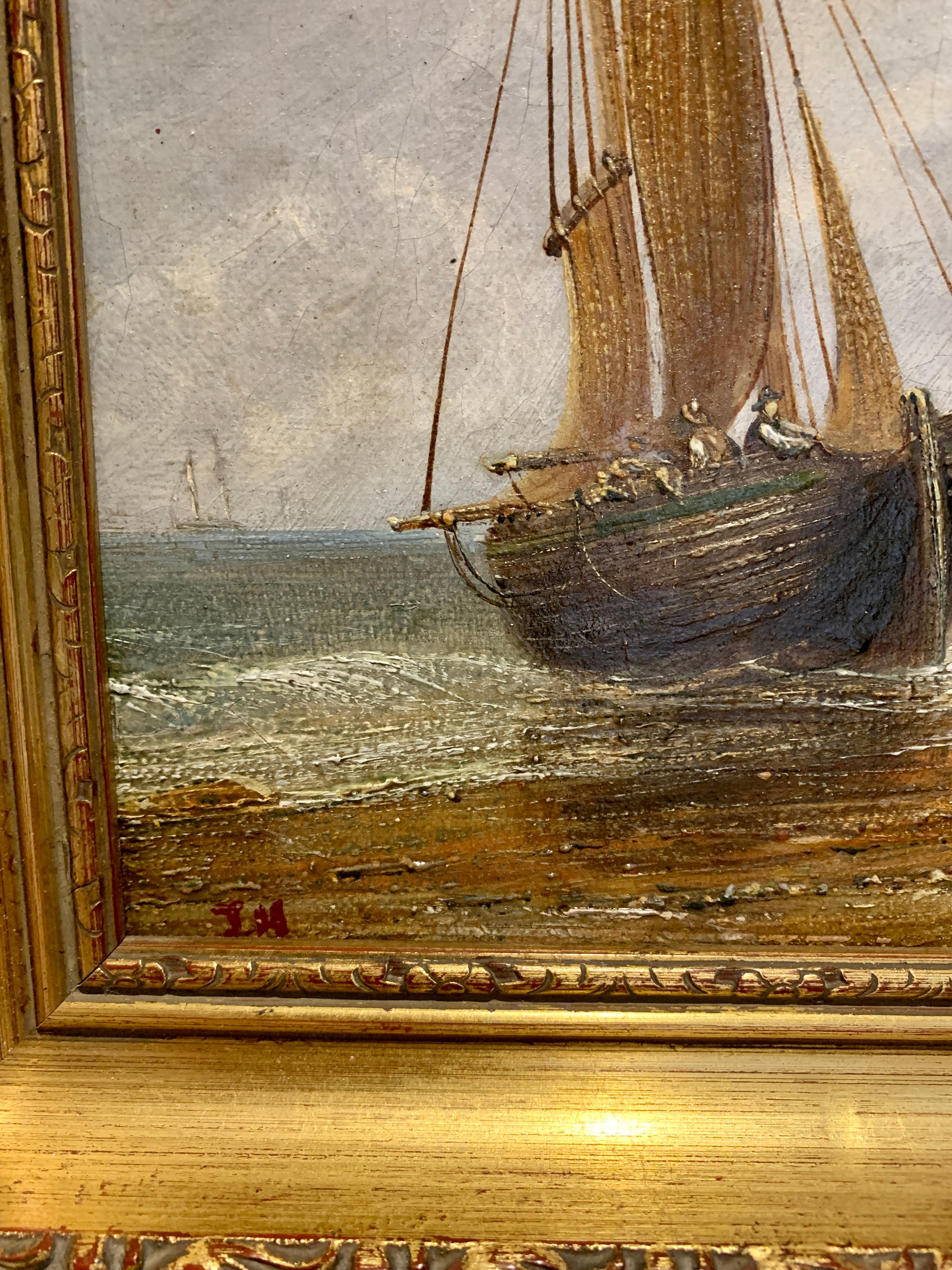 English 19th century Antique beach landscape with fishing boat on the shore - Victorian Painting by Unknown