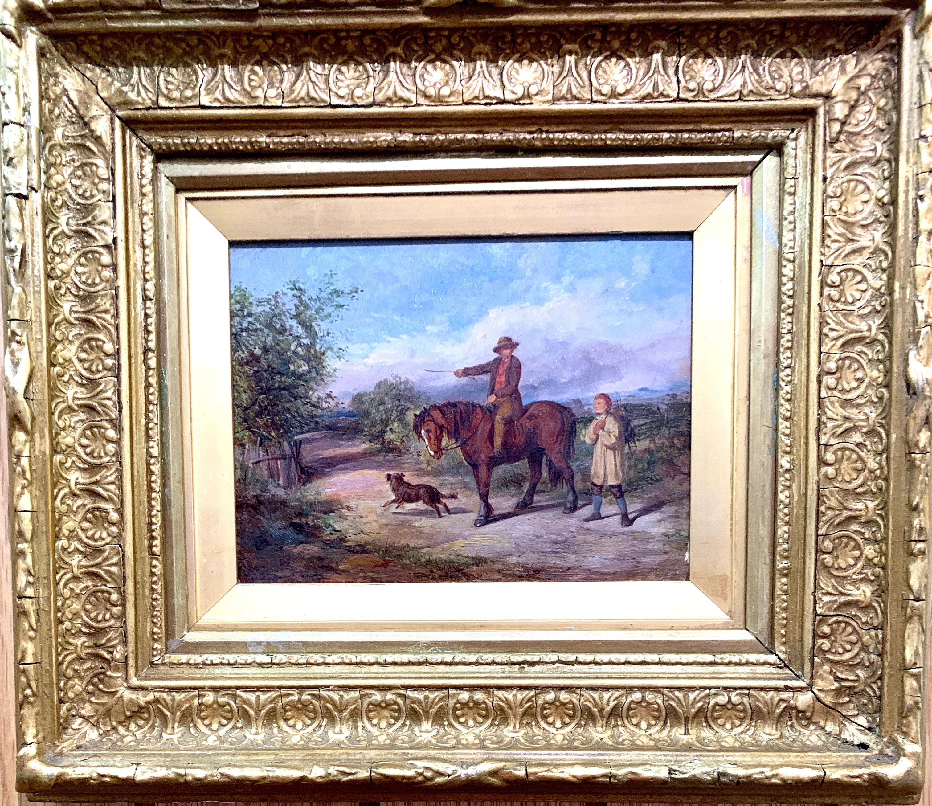 Antico uomo inglese del XIX secolo con cavallo in un paesaggio su un sentiero con un amico