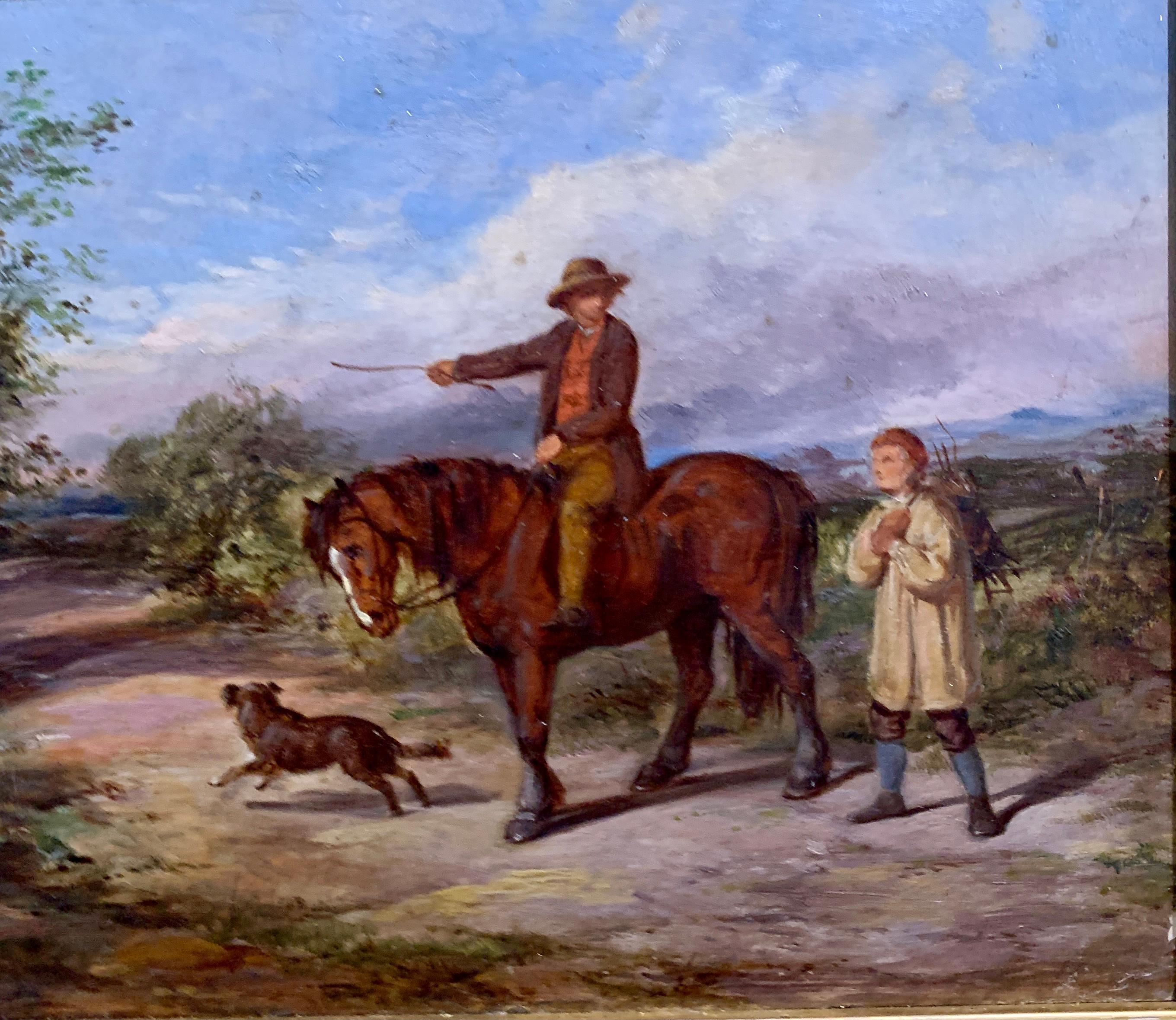 Antique English 19th century man with horse in landscape on pathway with friend - Painting by David Hardy
