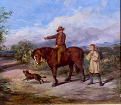 Antique English 19th century man with horse in landscape on pathway with friend