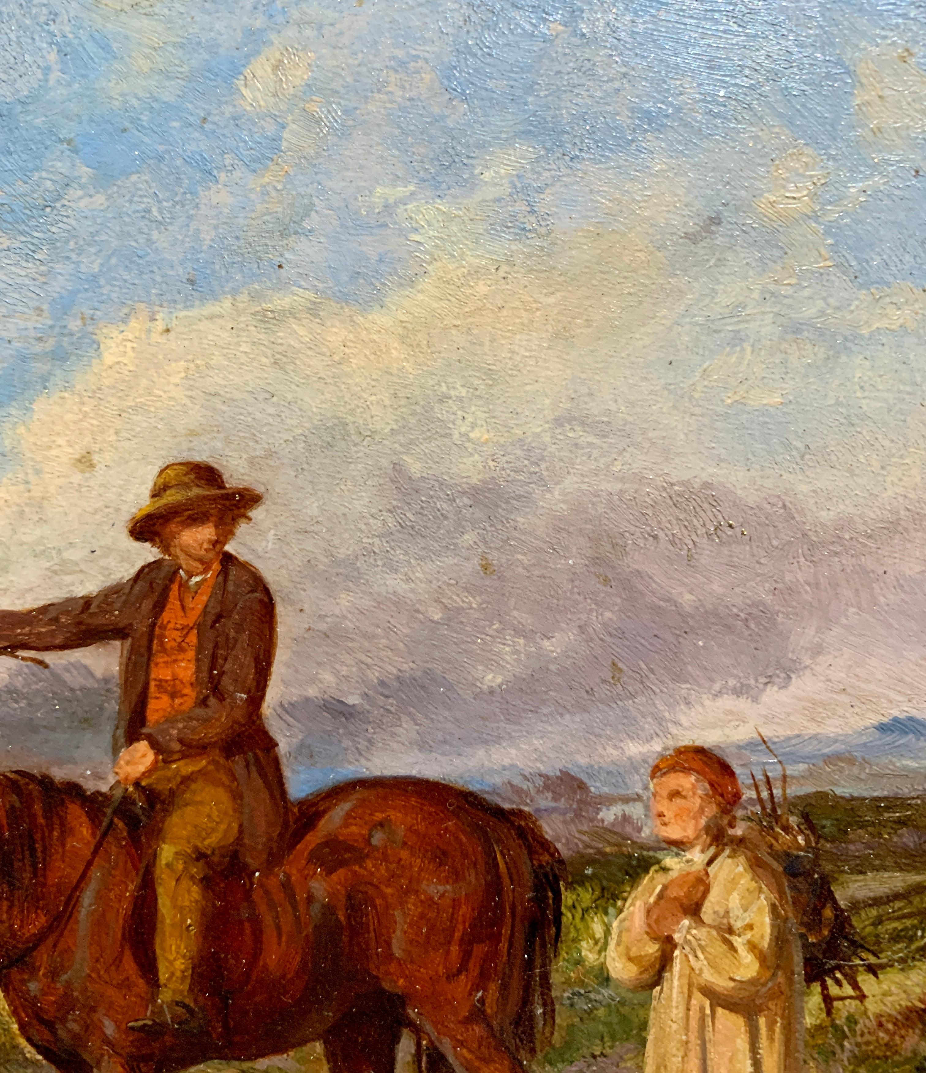 Antique English 19th century man with horse in landscape on pathway with friend - Victorian Painting by David Hardy
