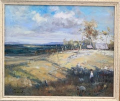 Paesaggio impressionista americano della fine del XX secolo con figura, casetta, pecora.