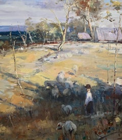 American late 20th century Impressionist landscape with figure, cottage, Sheep.