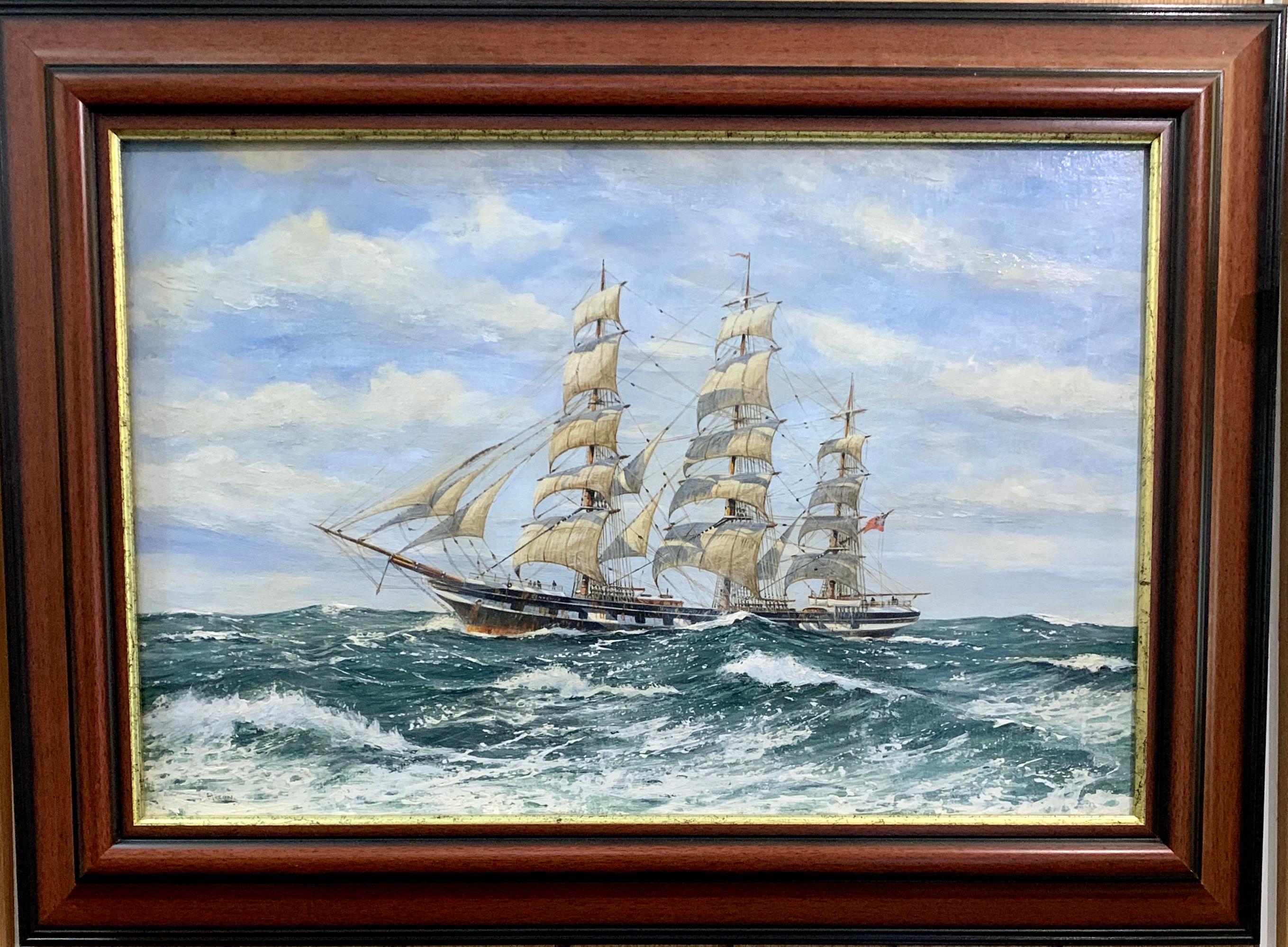 English 20th century portrait of an English Frigate in full sail at sea in oils.