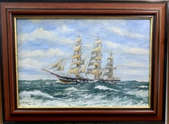 Vintage English 20th century portrait of an English Frigate in full sail at sea in oils.