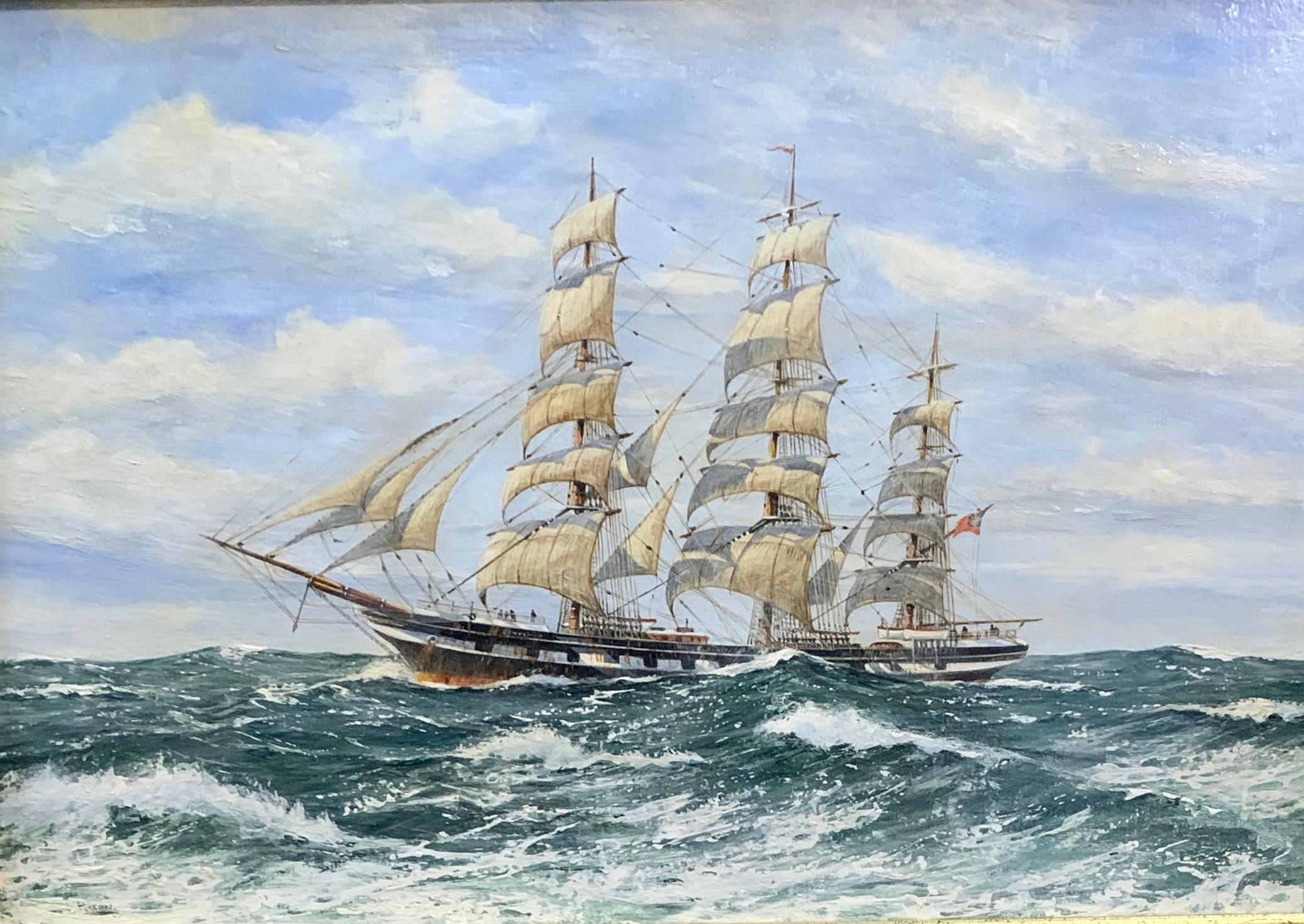 English 20th century portrait of an English Frigate in full sail at sea in oils. - Painting by Barry Mason