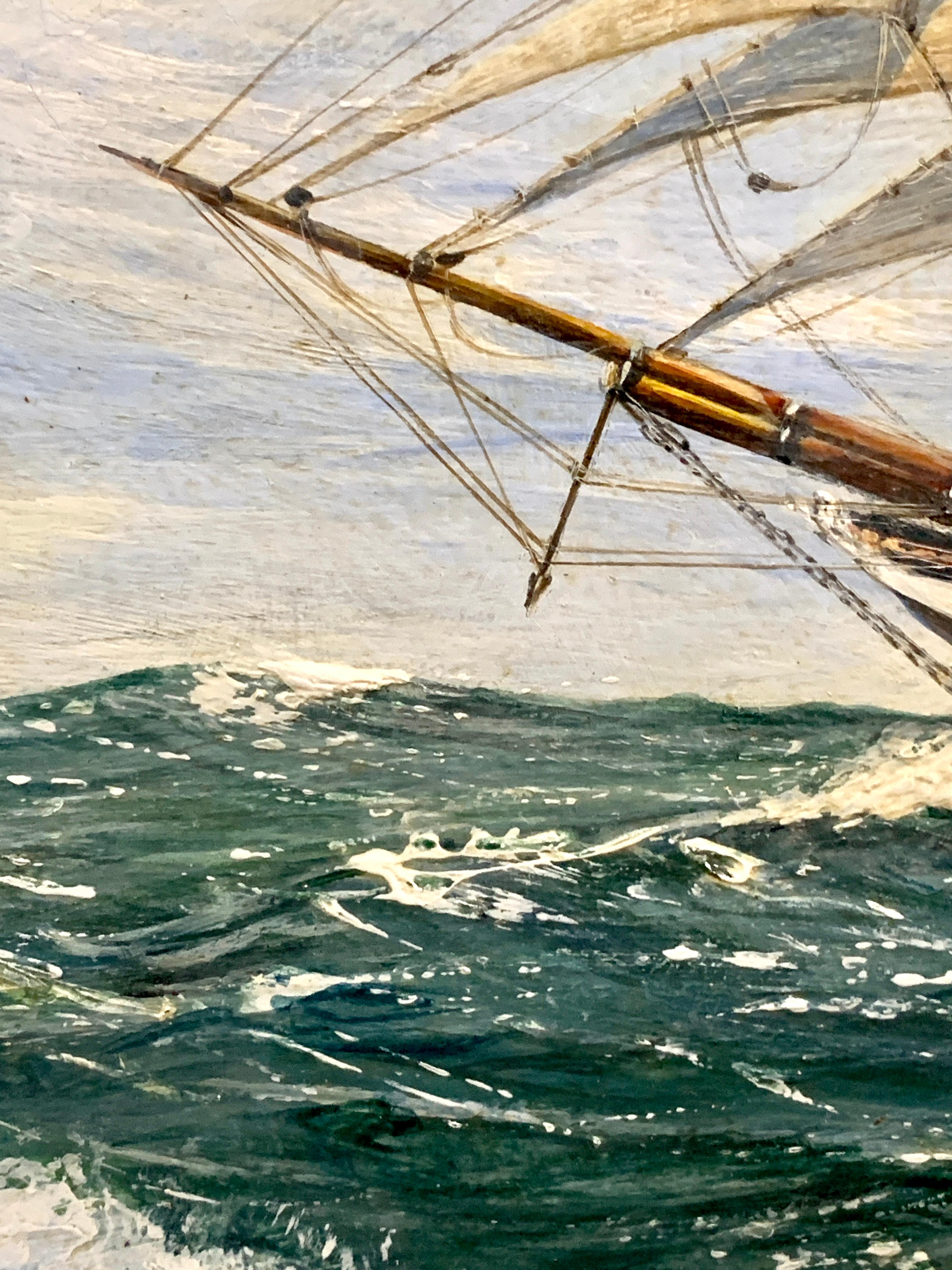 English 20th century portrait of an English Frigate in full sail at sea in oils. - Gray Figurative Painting by Barry Mason