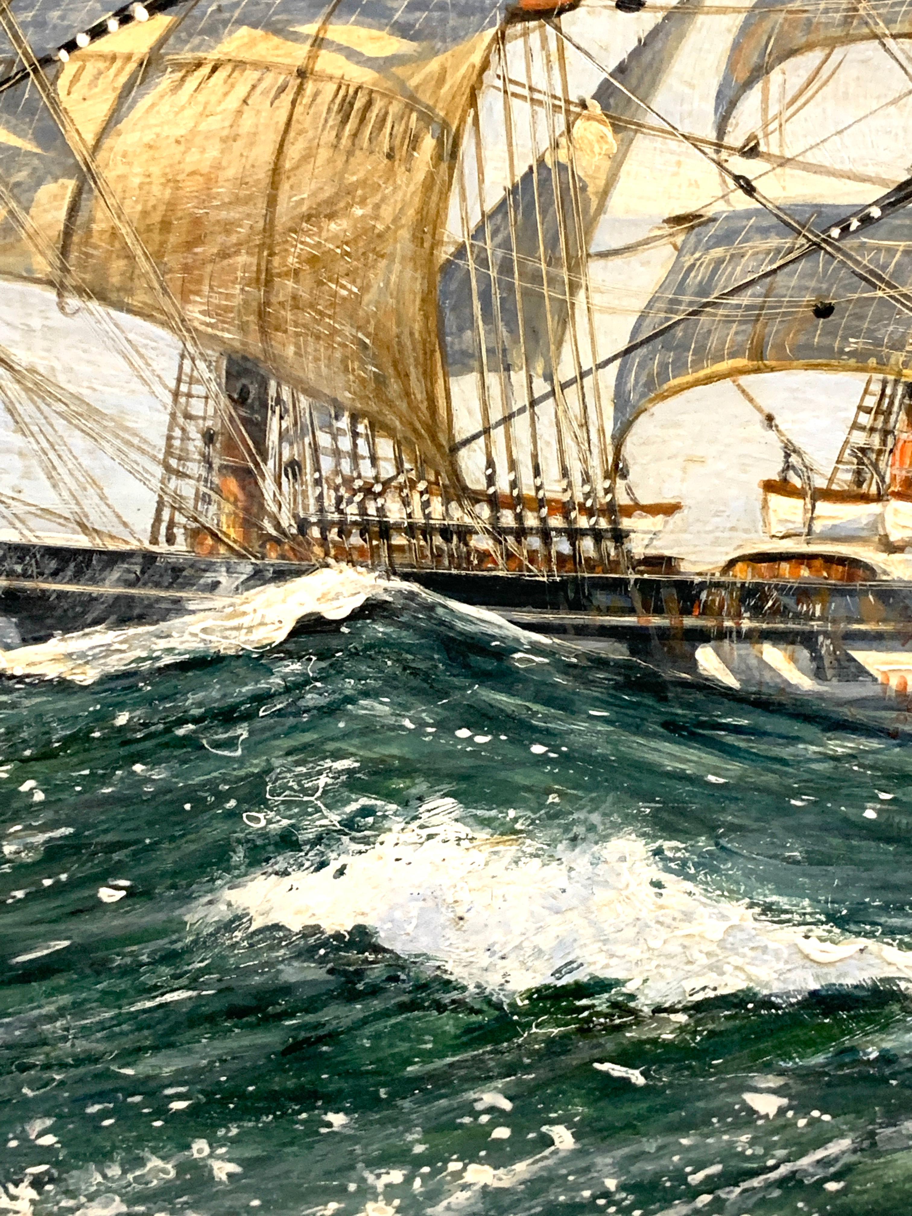 English 20th century portrait of an English Frigate in full sail at sea in oils. For Sale 1