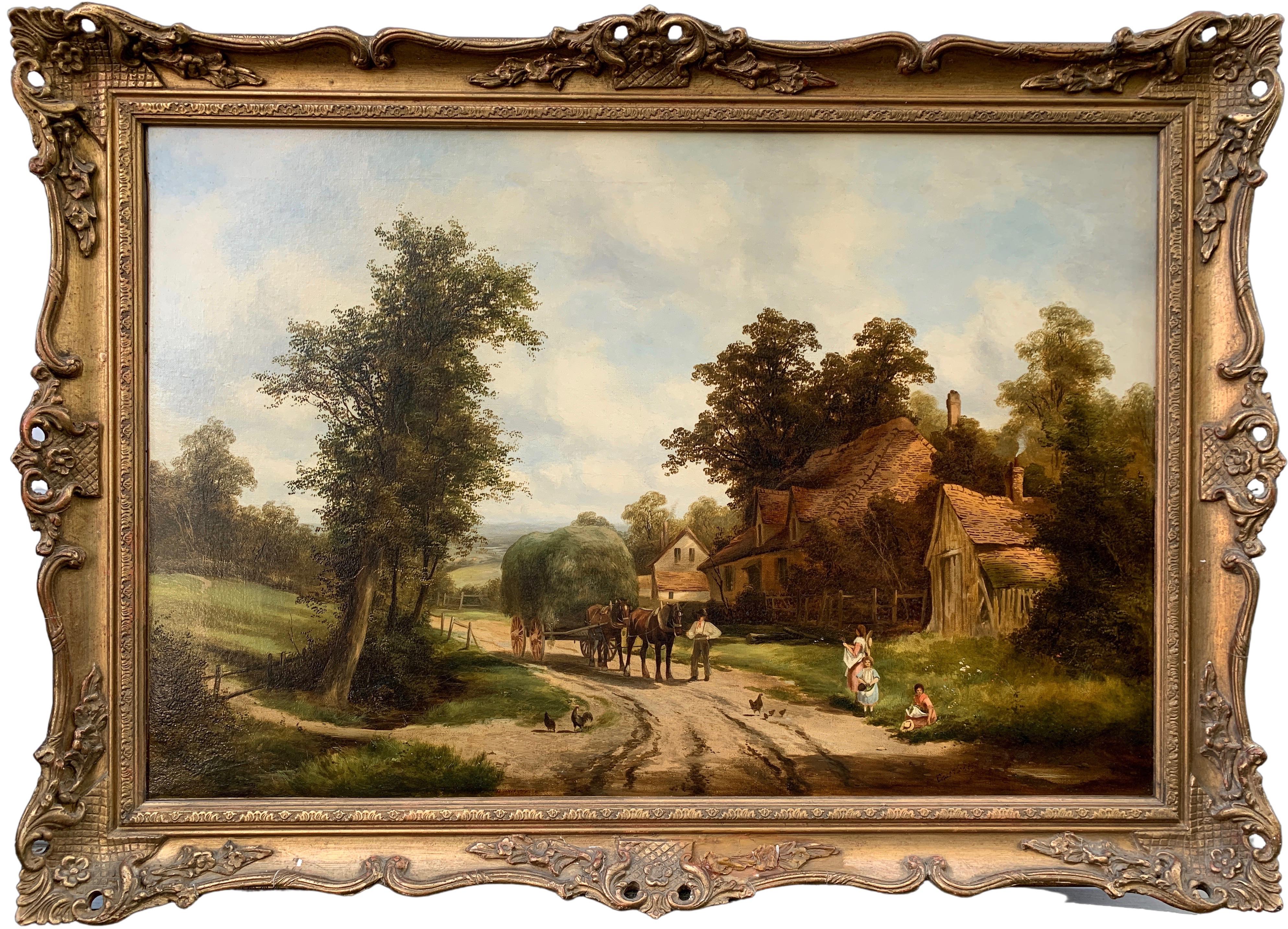 Charles Vickers Figurative Painting - Late 19th century Antique English Village landscape, horses, people, haycart.