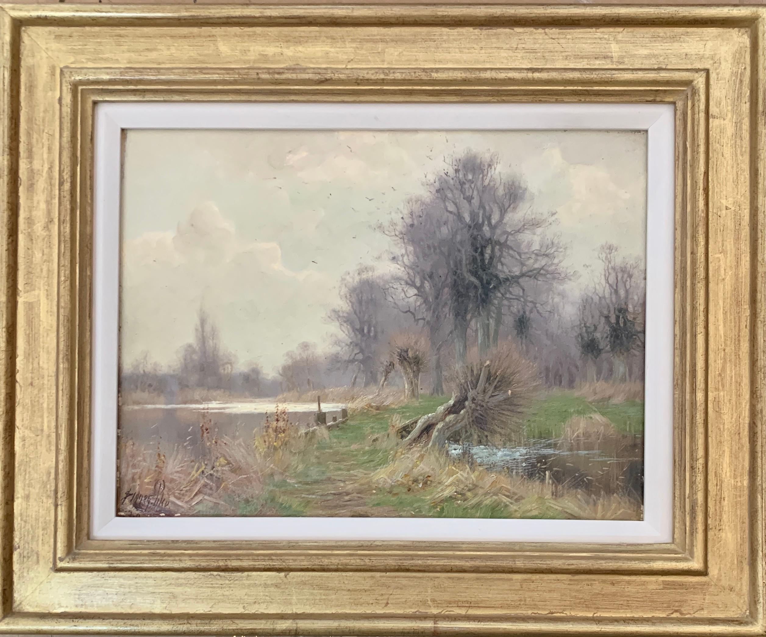 Sidney Pike Landscape Painting - Antique early 20th century English Autumn river landscape