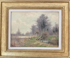 Antique early 20th century English Autumn river landscape