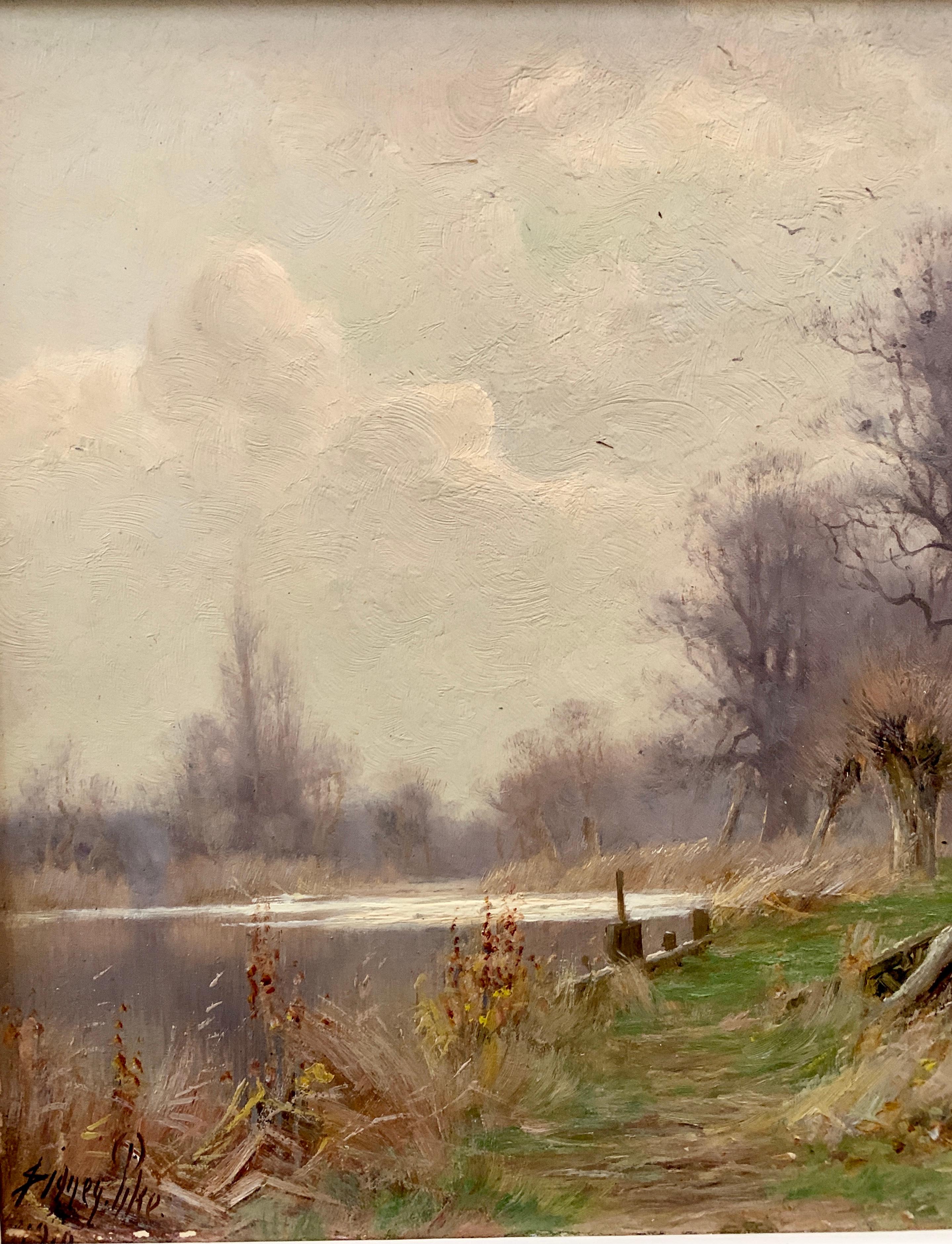 Antique early 20th century English Autumn river landscape - Impressionist Painting by Sidney Pike