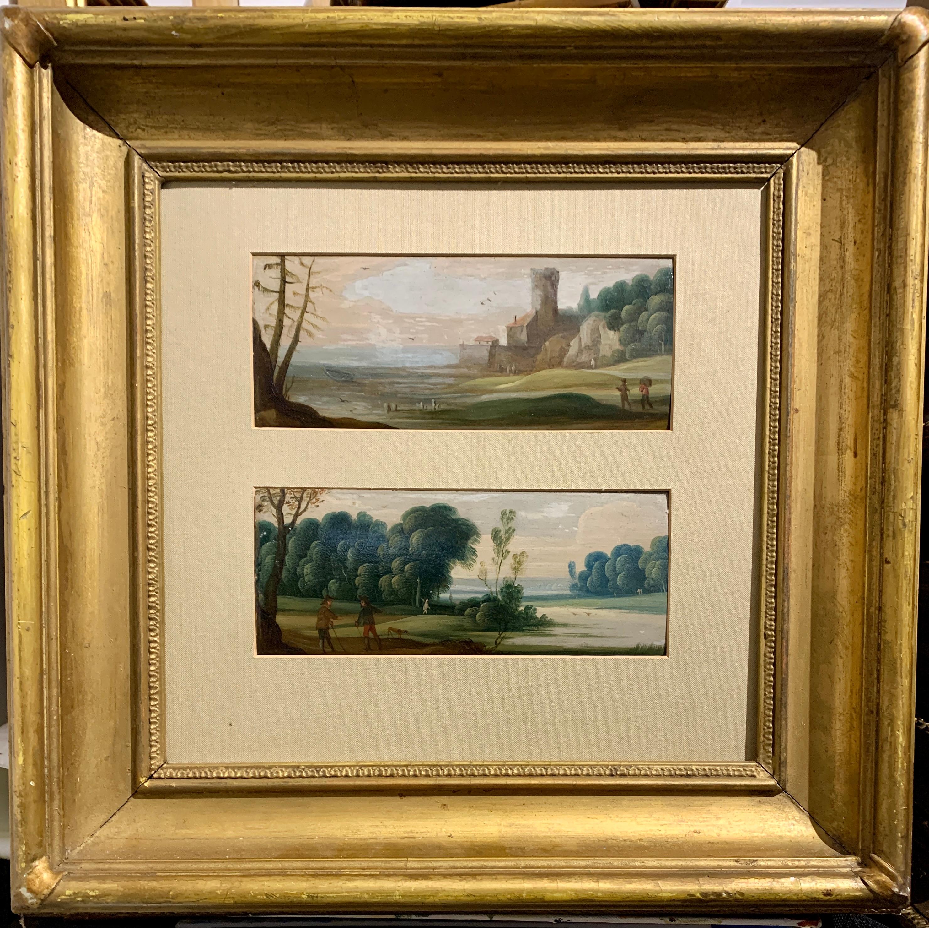 18th century Flemish school Landscape Painting - Pair of Flemish/Dutch 18th century oils on wood landscapes with figures