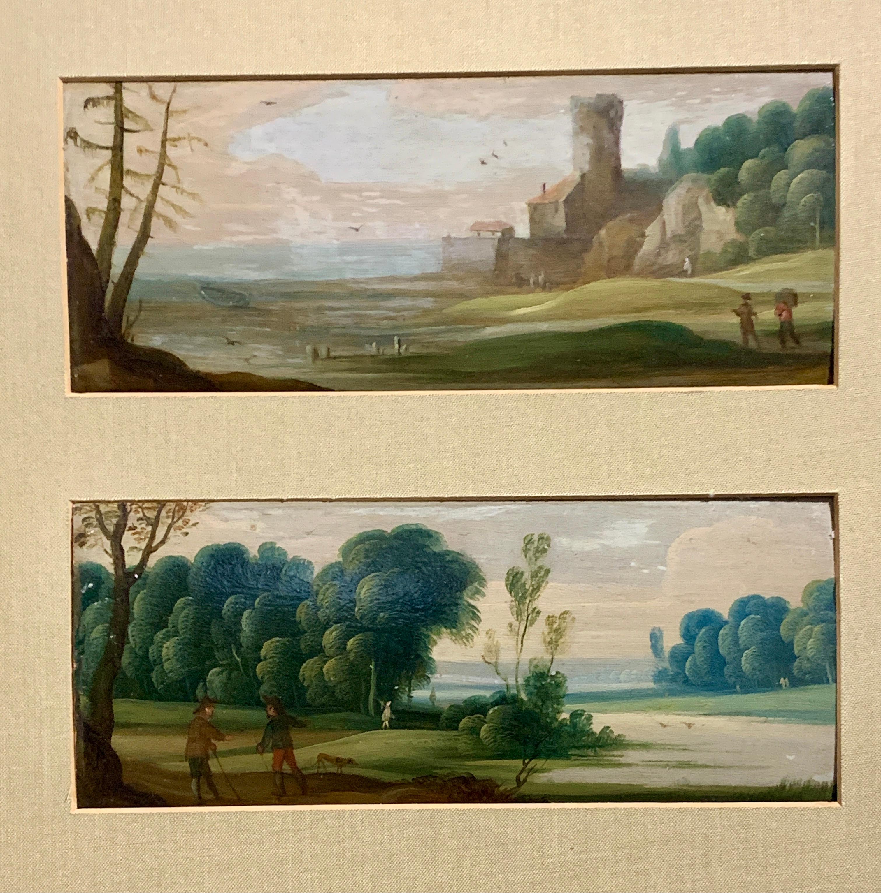 Pair of Flemish/Dutch 18th century oils on wood landscapes with figures - Painting by 18th century Flemish school