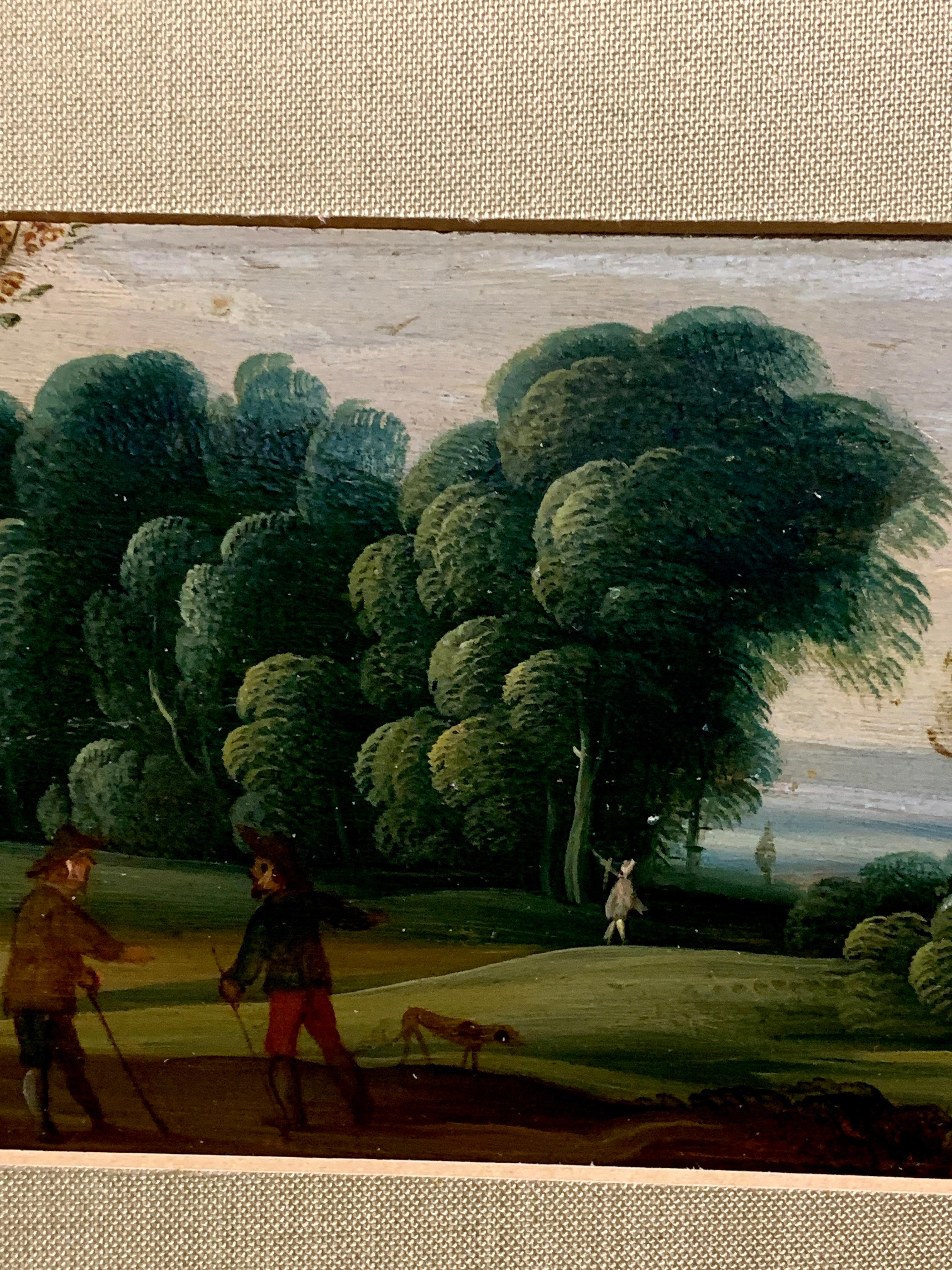 Pair of Flemish/Dutch 18th century oils on wood landscapes with figures - Brown Landscape Painting by 18th century Flemish school