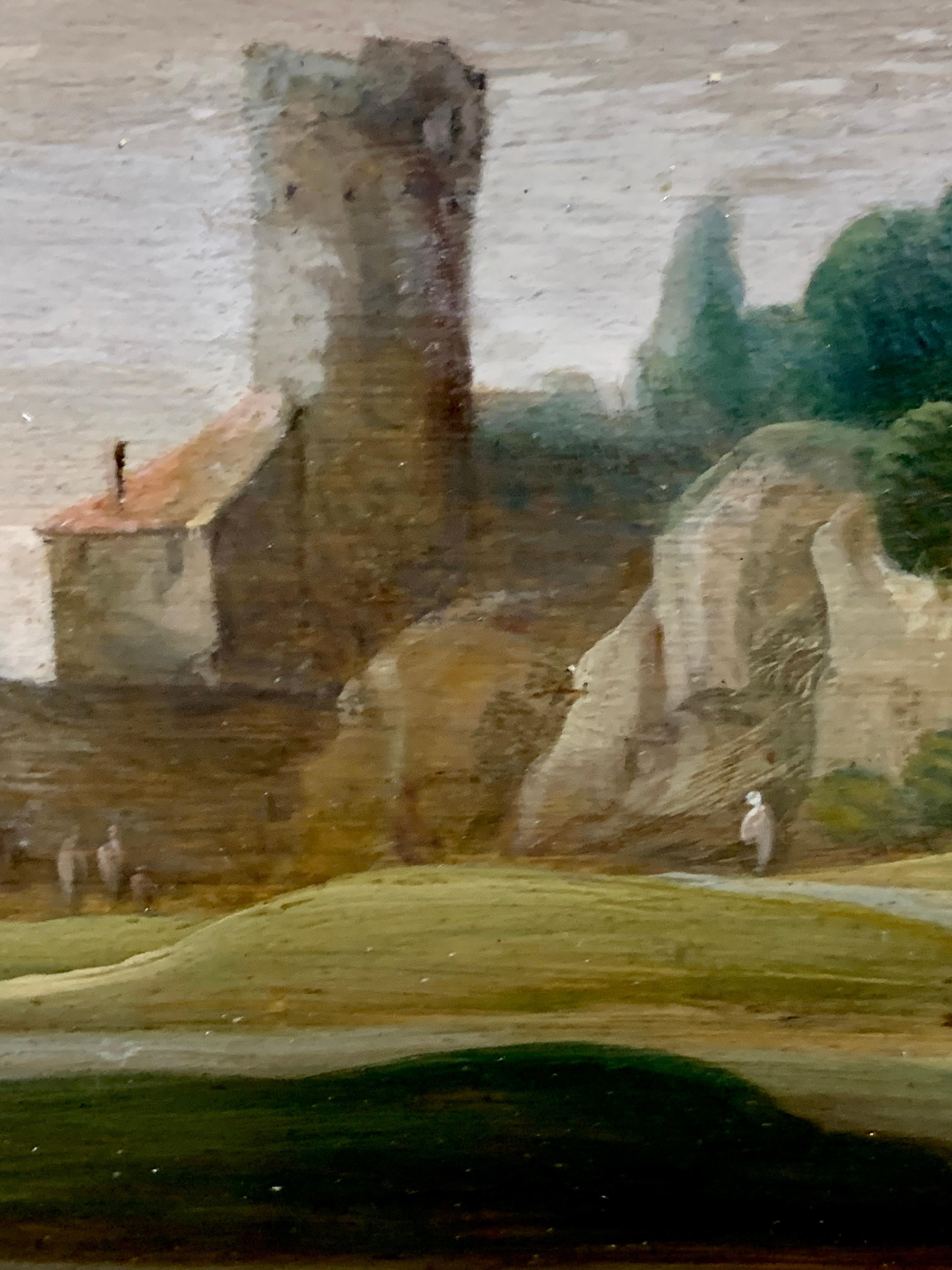 Pair of Flemish/Dutch 18th century oils on wood landscapes with figures 1