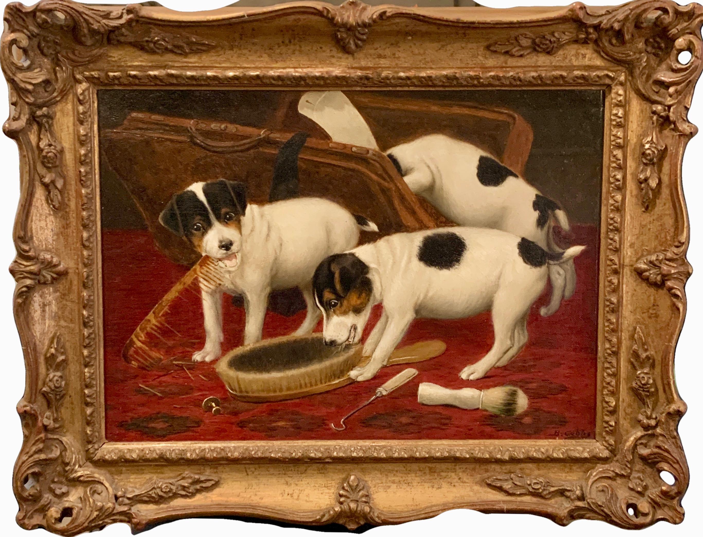 Bernard Cobbe Figurative Painting - English interior of Jack Russell puppy dogs playing with a mans vanity case