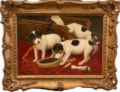 Antique English interior of Jack Russell puppy dogs playing with a mans vanity case