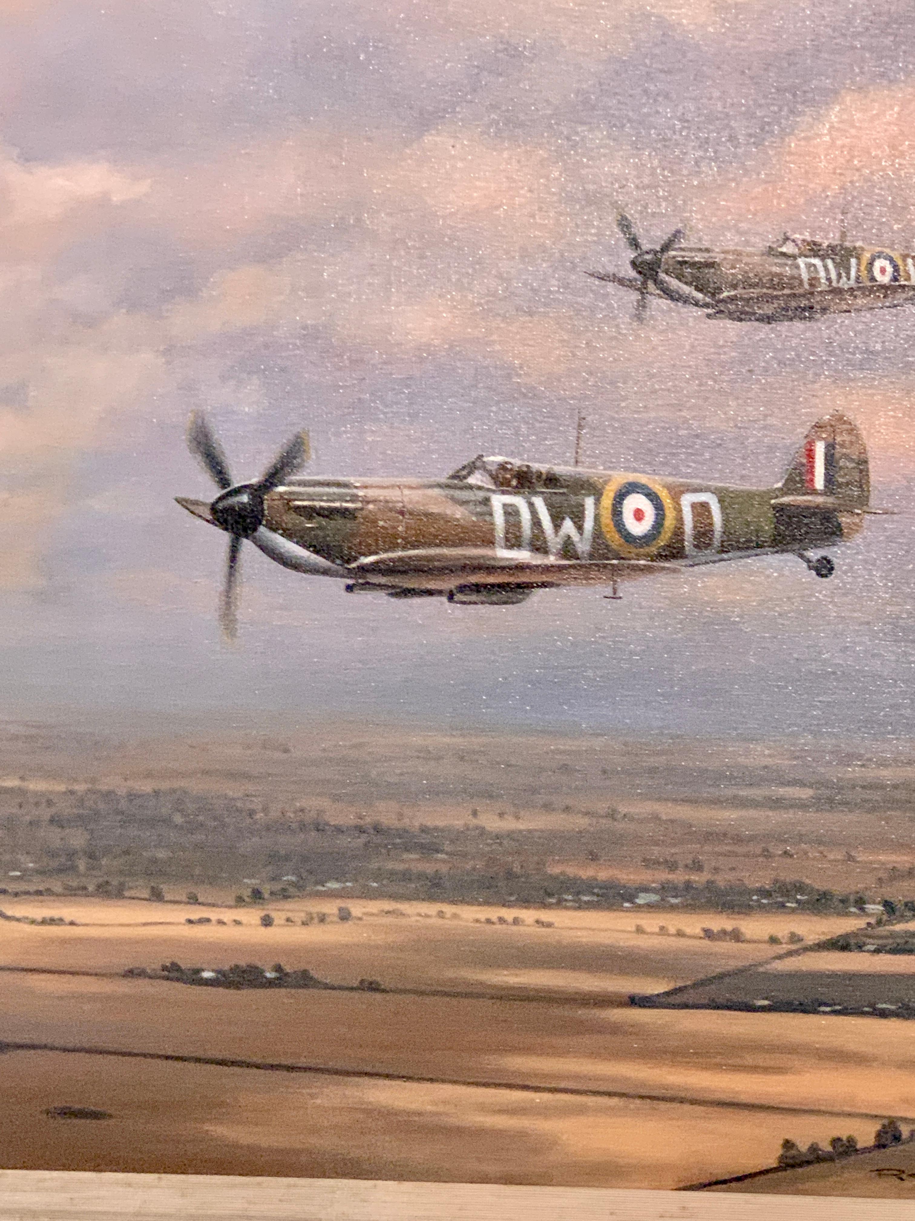 Two British Spitfires flying over the English landscape, 20th century  - Painting by Roland Wong